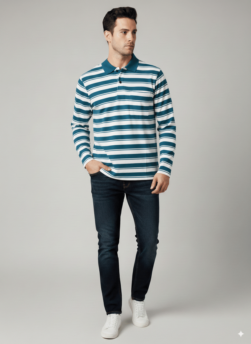 Alvin Men Cotton Blend Regular Fit Striped Polo T Shirt ( Blue ) Alvin Men Cotton Blend Regular Fit Striped Polo T Shirt ( Blue )