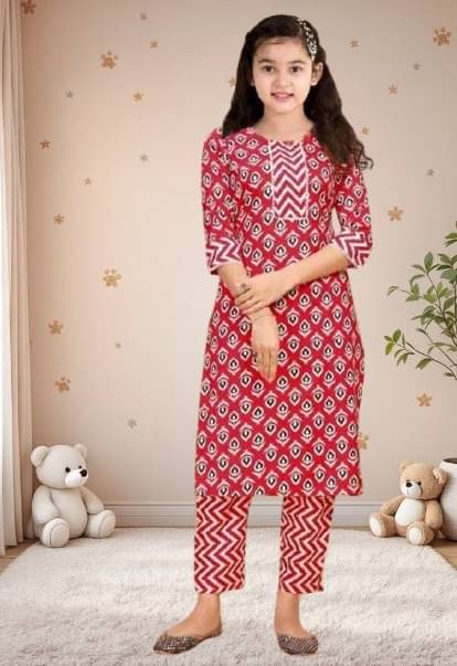 Bholukart Girls Cotton Blend Kurti with Pants ( Pack of 1 , Blood Red ) Bholukart Girls Cotton Blend Kurti with Pants ( Pack of 1 , Blood Red )
