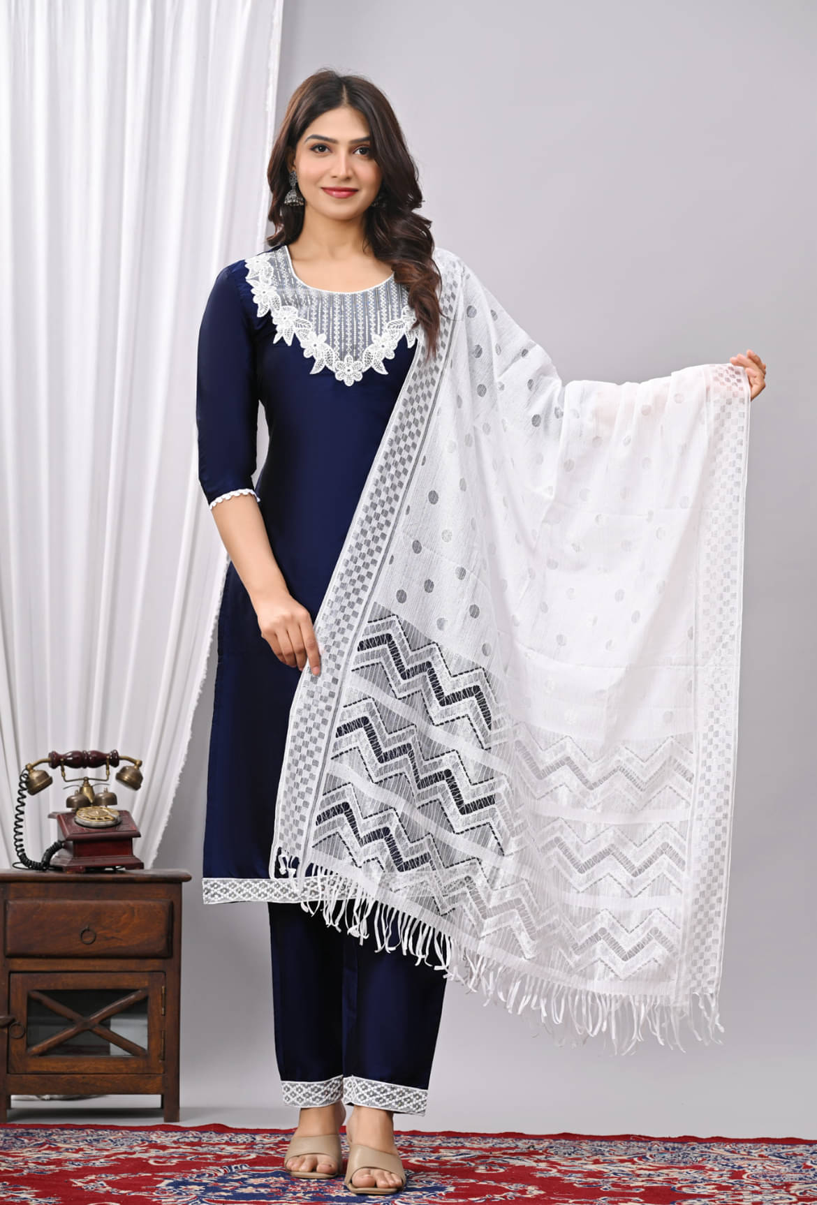     			EXPORTHOUSE Women Silk Blend Embroidered Straight Kurti With Pants ( Blue )