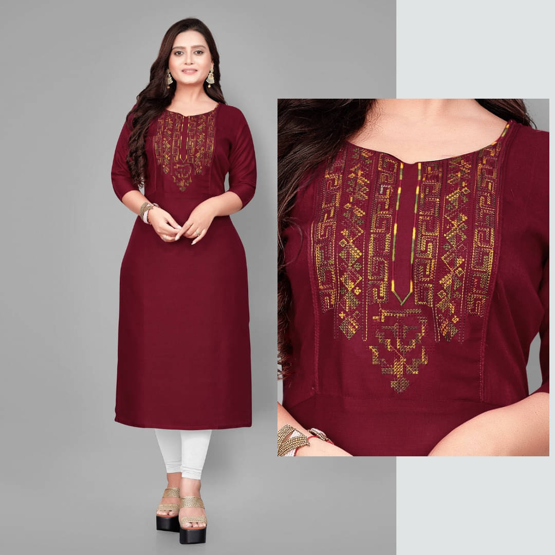     			Fabriza Women Cotton Blend Embroidered A-line Kurti ( Maroon )