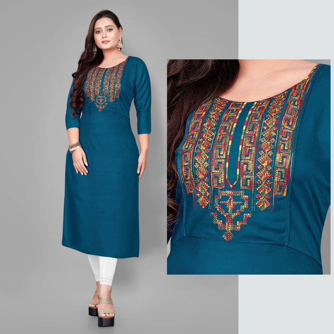 Fabriza Women Cotton Blend Embroidered A-line Kurti ( Blue )     			Fabriza Women Cotton Blend Embroidered A-line Kurti ( Blue )