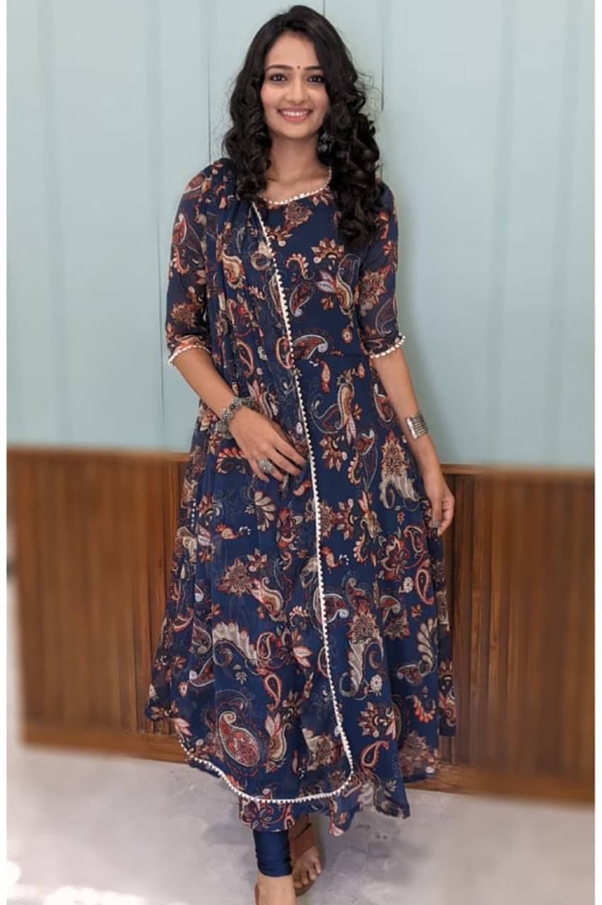     			Fashionfricks Women Georgette A-line Stitched Ethnic Gown With Dupatta ( Navy Blue )