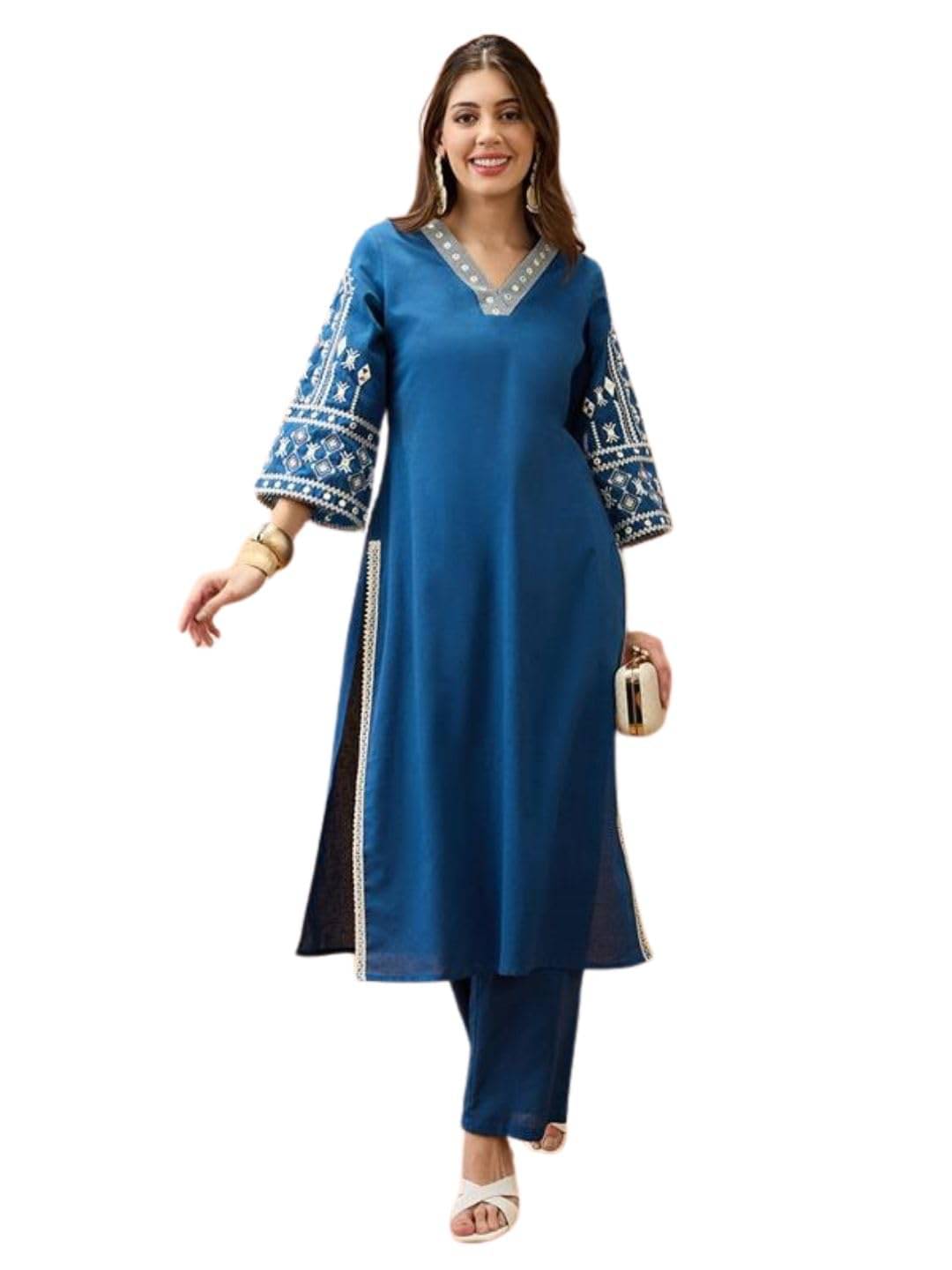     			Globus Women Cotton Blend Embroidered Straight Kurti with Pants ( Blue )