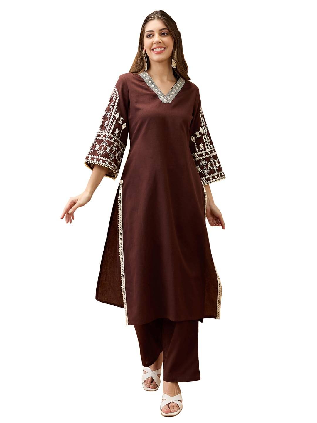 Globus Women Cotton Blend Embroidered Straight Kurti with Pants ( Brown ) Globus Women Cotton Blend Embroidered Straight Kurti with Pants ( Brown )