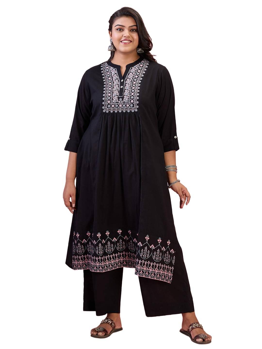 Globus Women Cotton Blend Embroidered A-line Kurti with Pants ( Black ) Globus Women Cotton Blend Embroidered A-line Kurti with Pants ( Black )