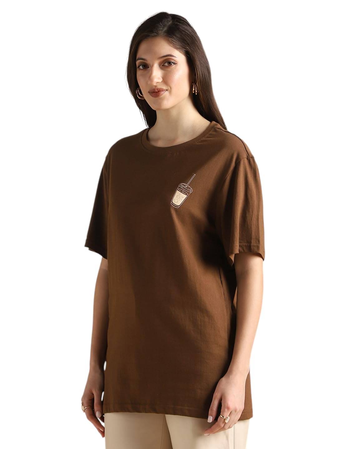     			Globus Women Cotton Blend Oversized Fit Round Neck T-Shirt ( Brown )