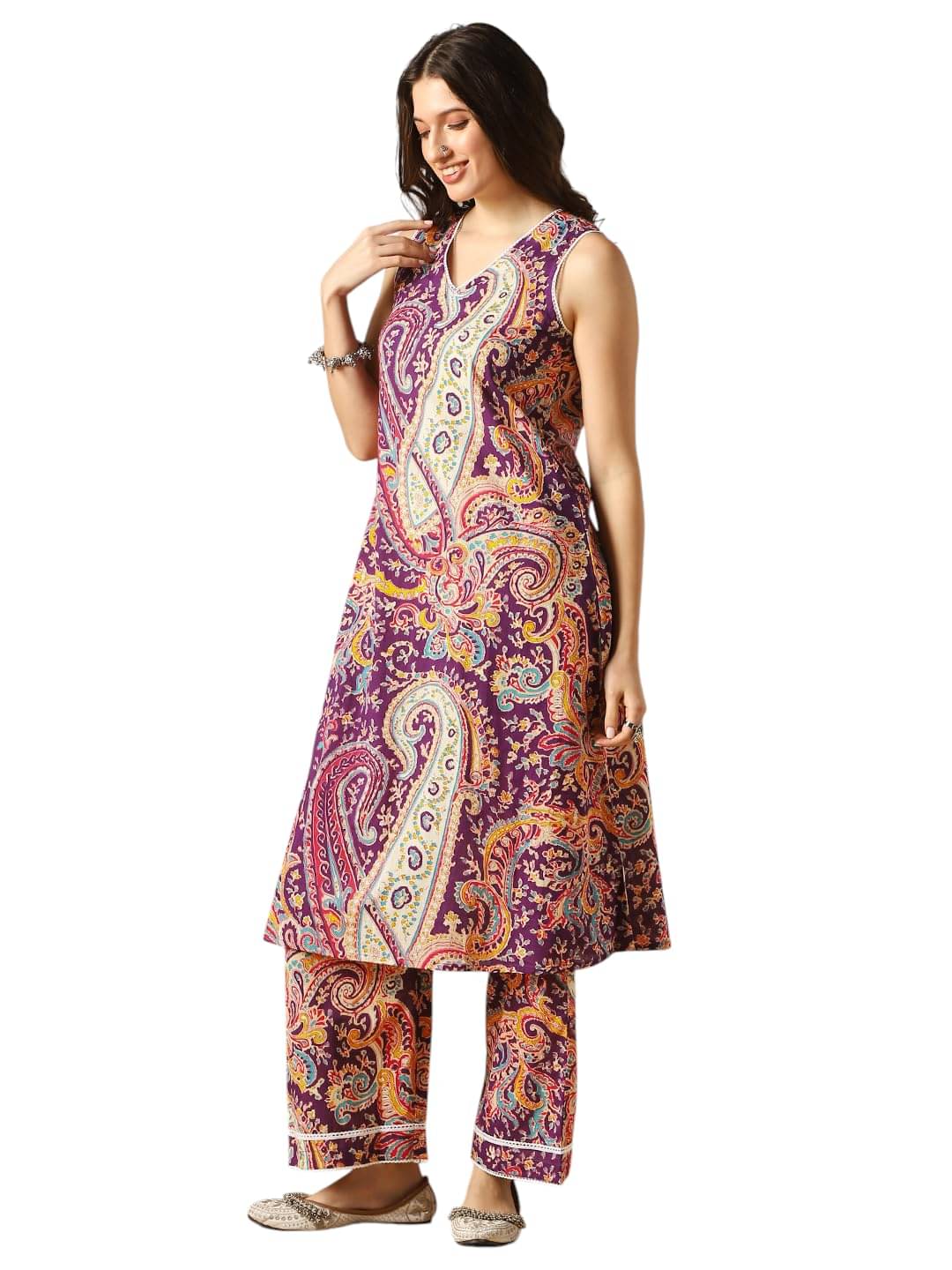     			Globus Women Cotton Blend Printed A-line Kurti with Pants ( Purple )
