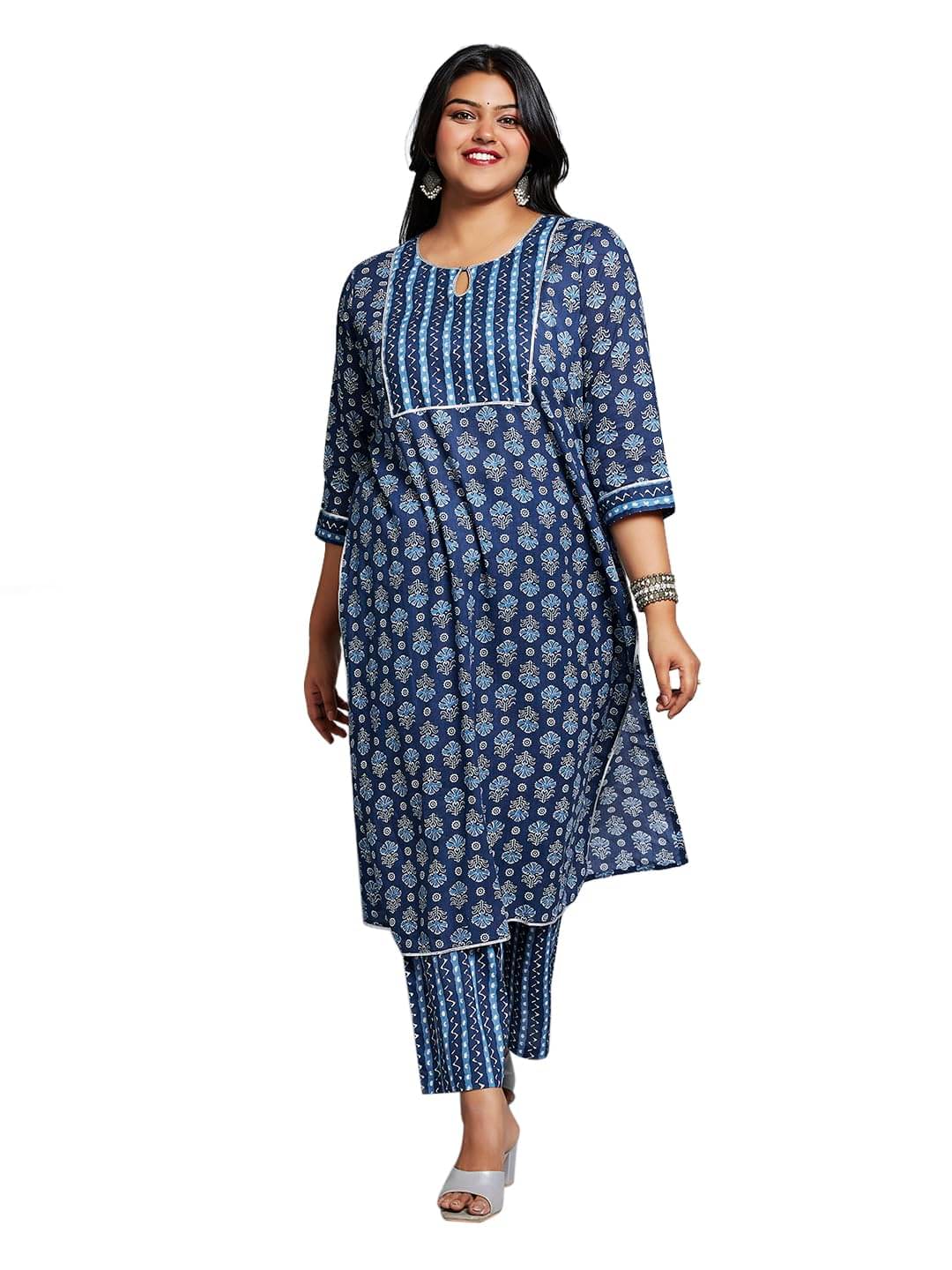     			Globus Women Cotton Blend Printed Straight Kurti with Pants ( Blue )