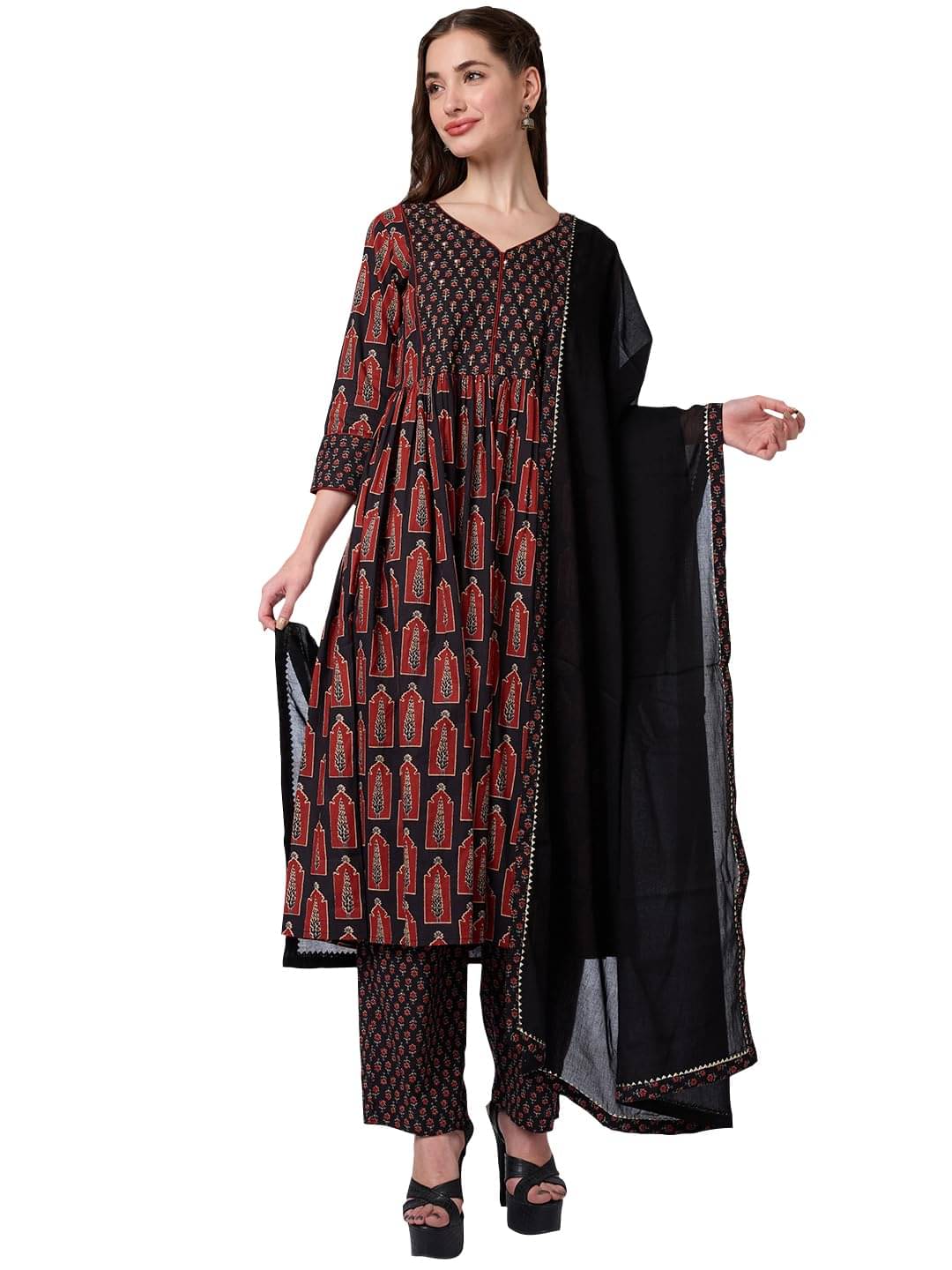     			Globus Women Cotton Blend Printed A-line Kurti with Pants ( Black )