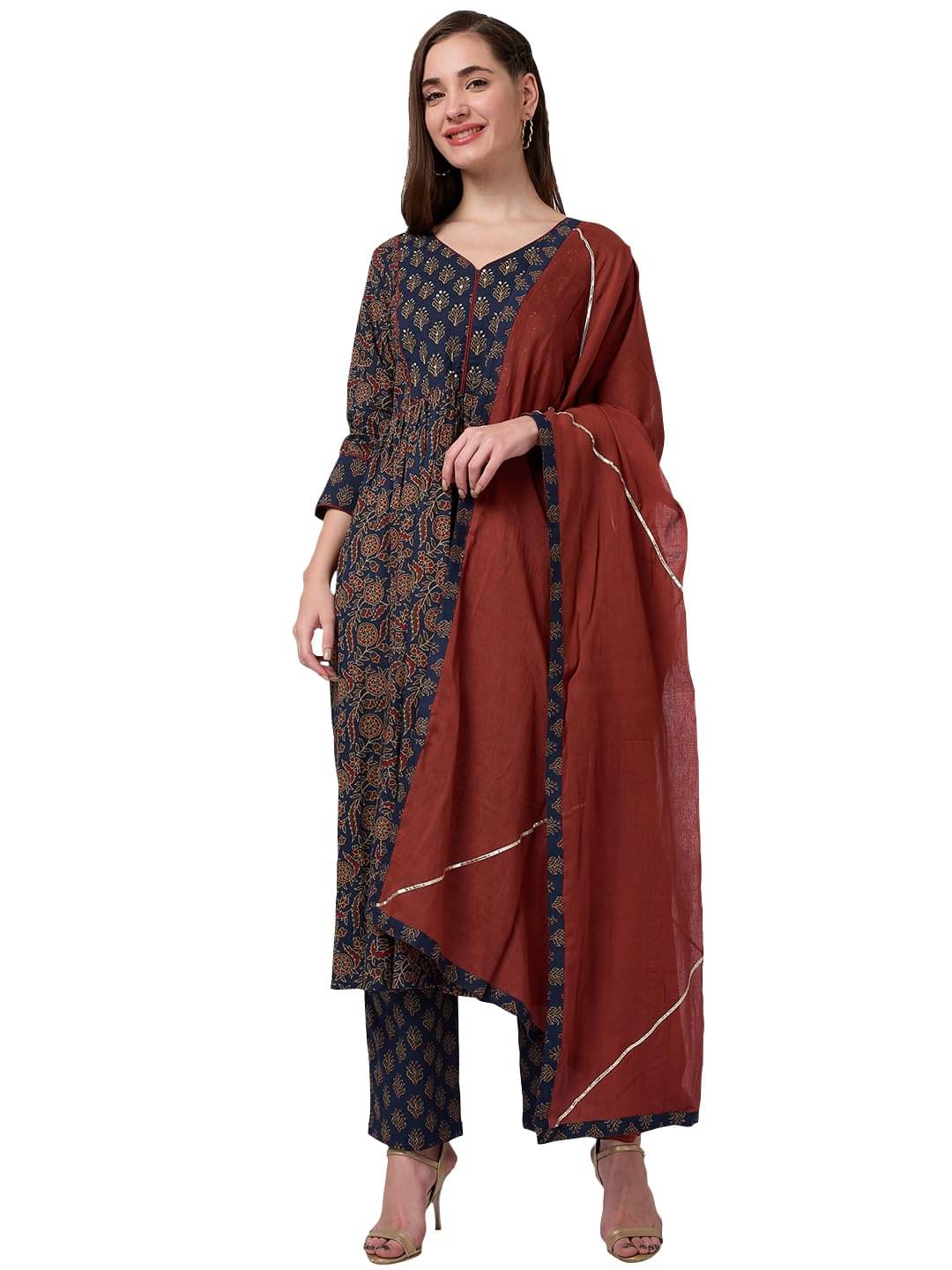 Globus Women Cotton Blend Printed A-line Kurti with Pants ( Teal ) Globus Women Cotton Blend Printed A-line Kurti with Pants ( Teal )