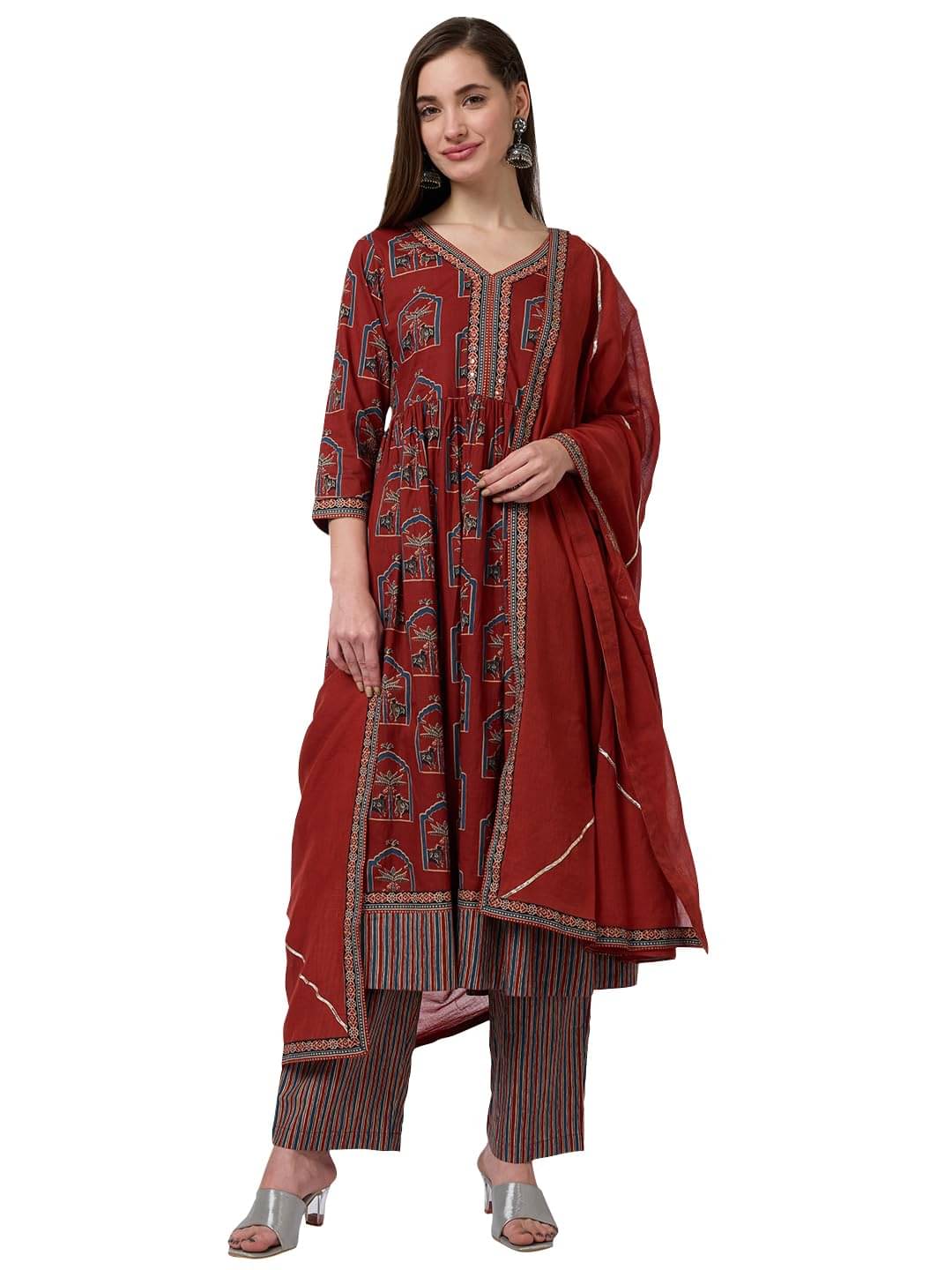Globus Women Cotton Blend Printed A-line Kurti with Pants ( Maroon ) Globus Women Cotton Blend Printed A-line Kurti with Pants ( Maroon )