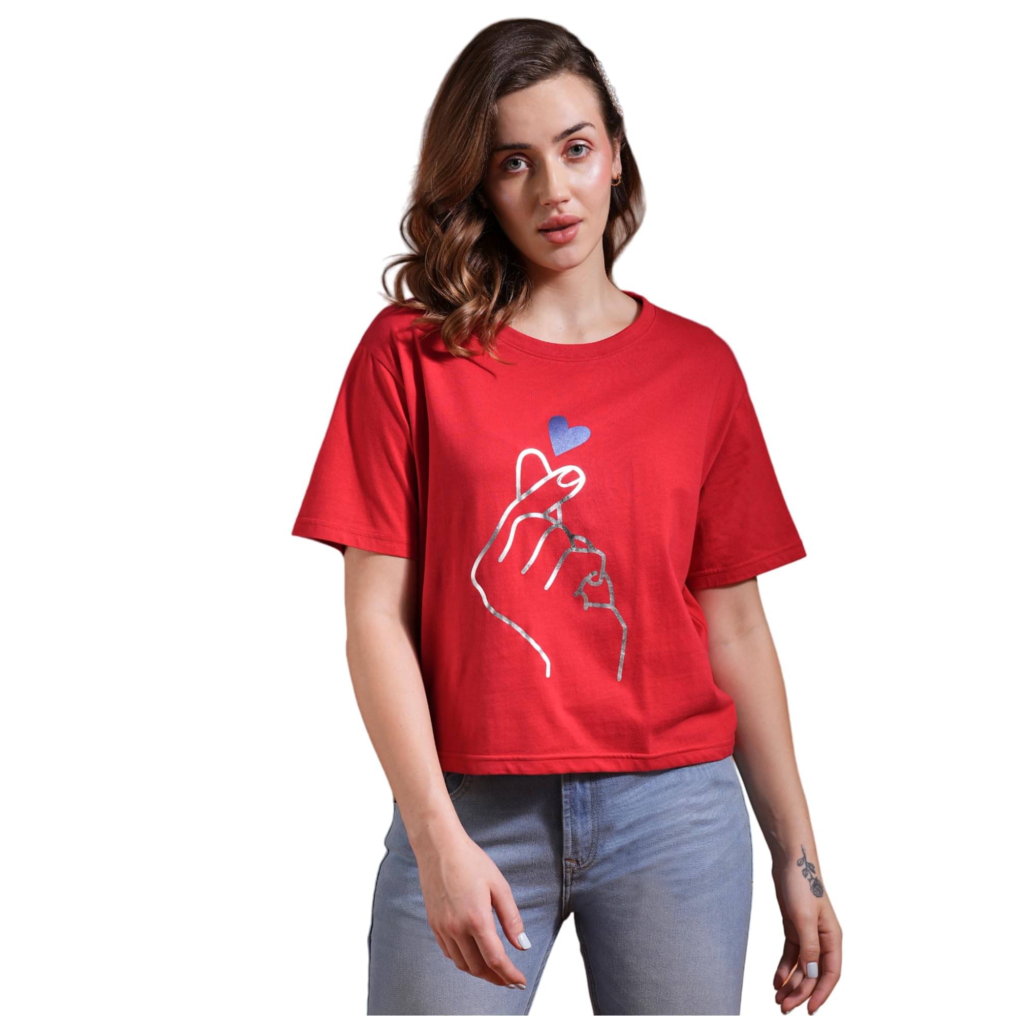     			Globus Women Cotton Oversized Fit Round Neck T-Shirt ( Red )