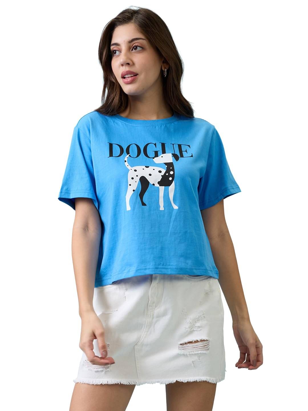     			Globus Women Cotton Oversized Fit Round Neck T-Shirt ( Blue )