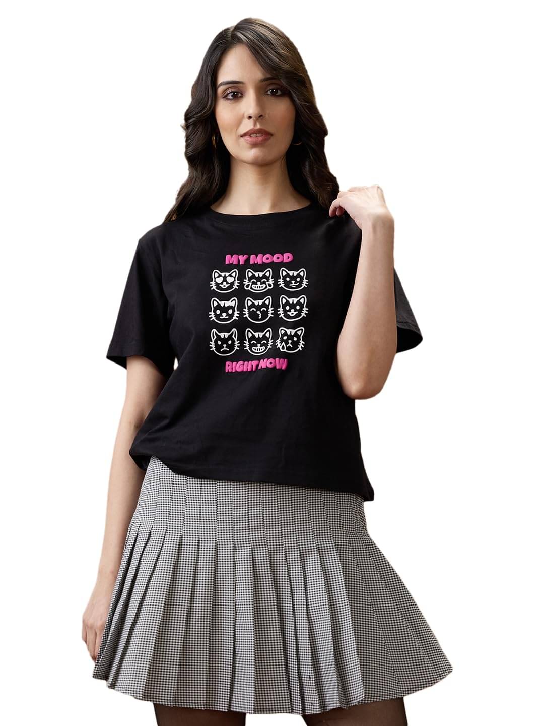     			Globus Women Cotton Oversized Fit Round Neck T-Shirt ( Black )