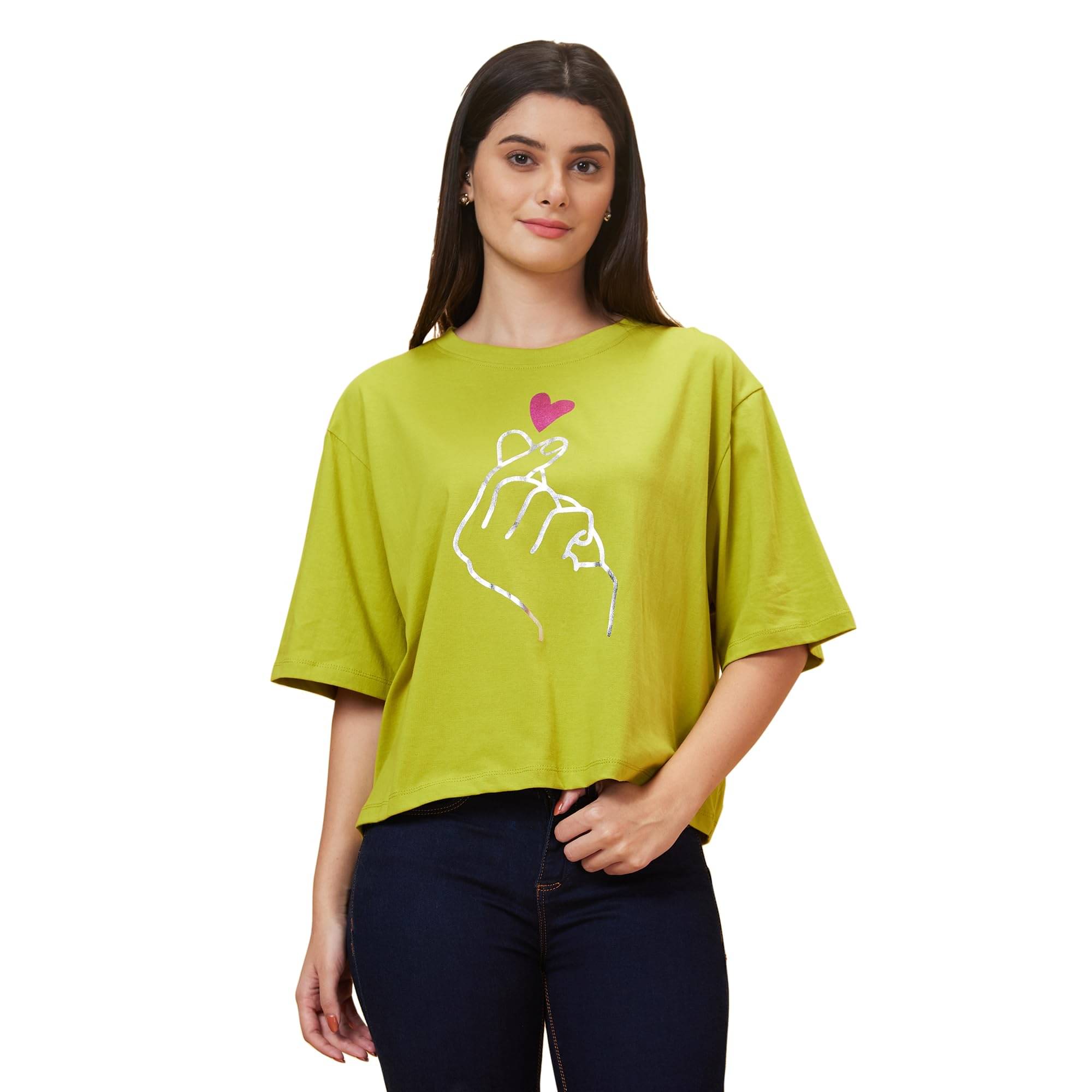 Globus Women Cotton Oversized Fit Round Neck T-Shirt ( Green )     			Globus Women Cotton Oversized Fit Round Neck T-Shirt ( Green )