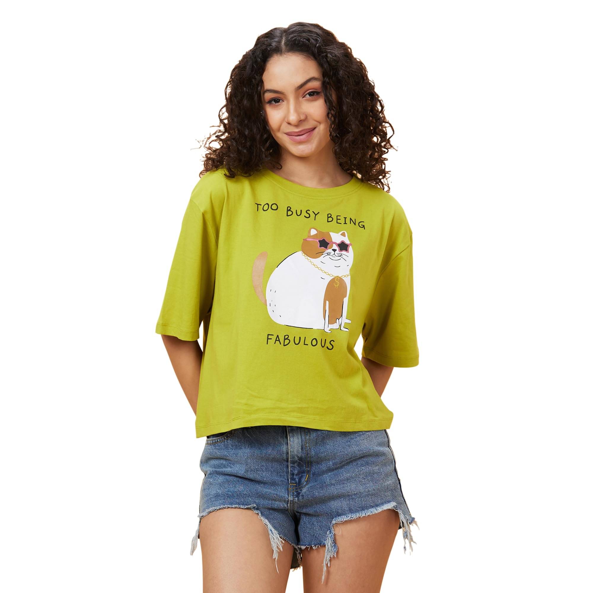     			Globus Women Cotton Oversized Fit Round Neck T-Shirt ( Green )