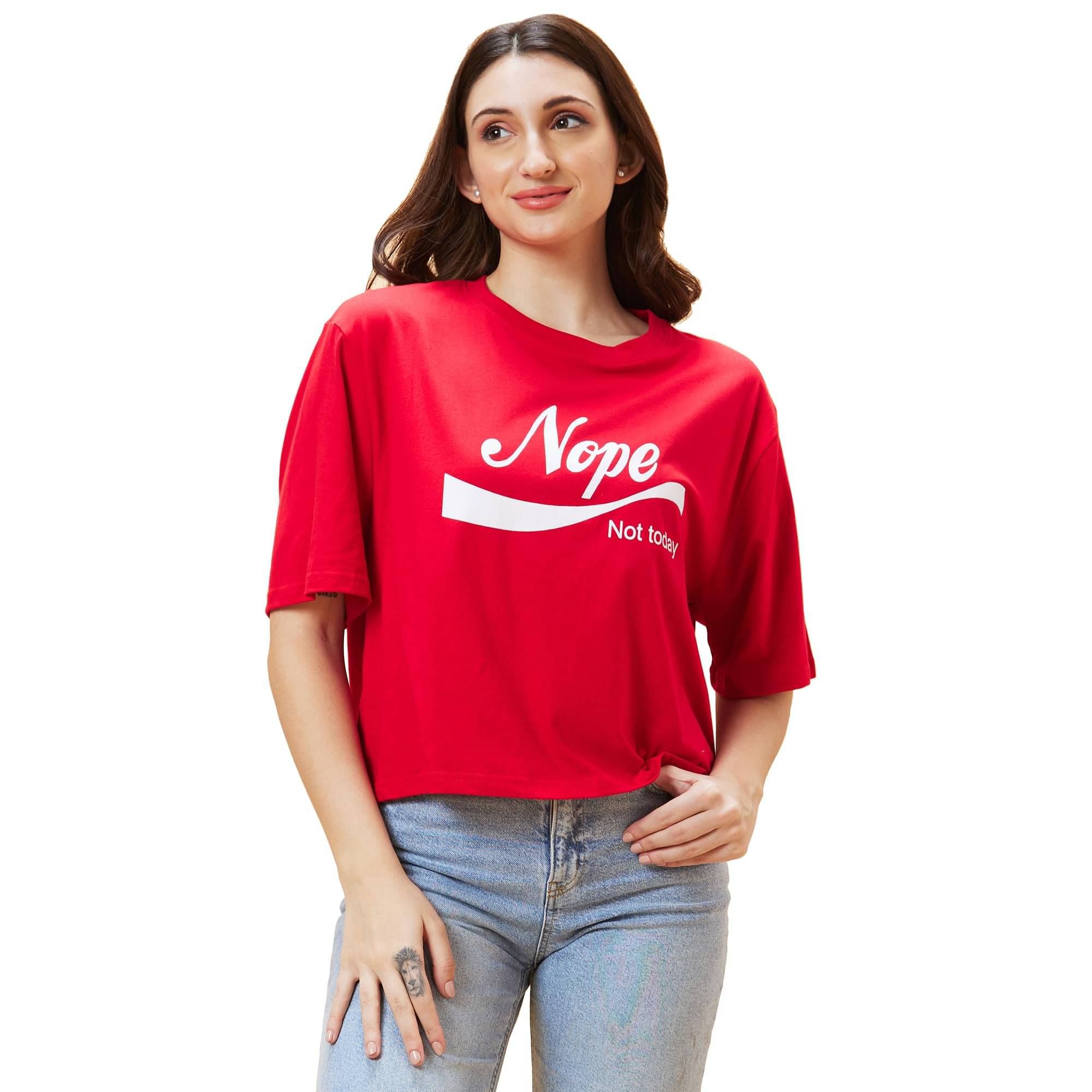     			Globus Women Cotton Oversized Fit Round Neck T-Shirt ( Red )