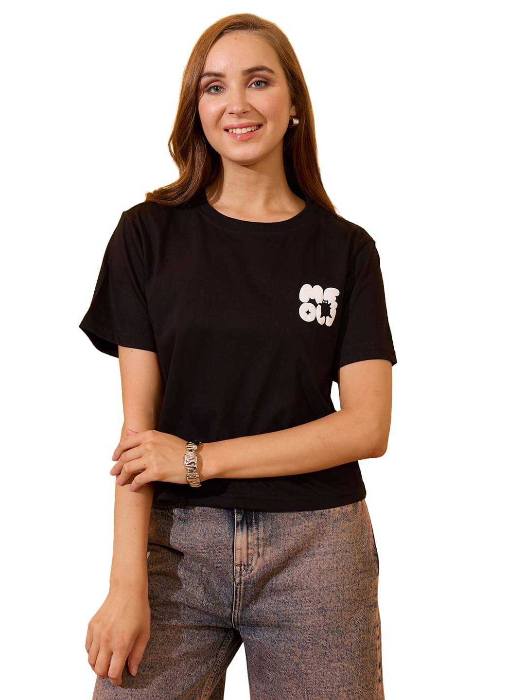 Globus Women Cotton Oversized Fit Round Neck T-Shirt ( Black ) Globus Women Cotton Oversized Fit Round Neck T-Shirt ( Black )