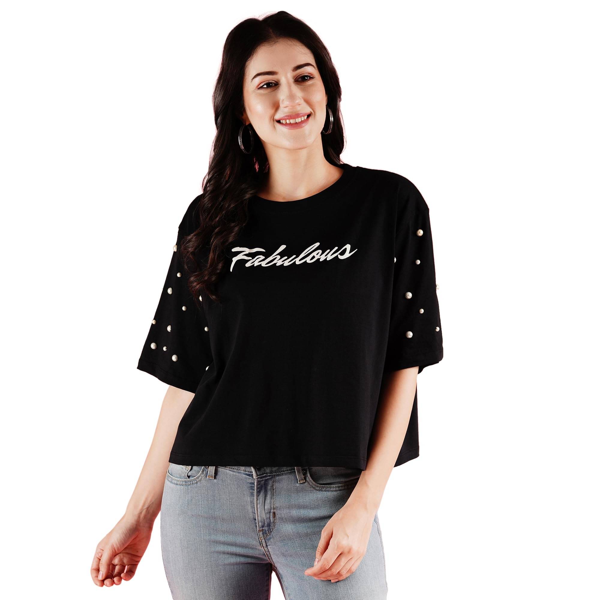     			Globus Women Cotton Regular Fit Round Neck T-Shirt ( Black )