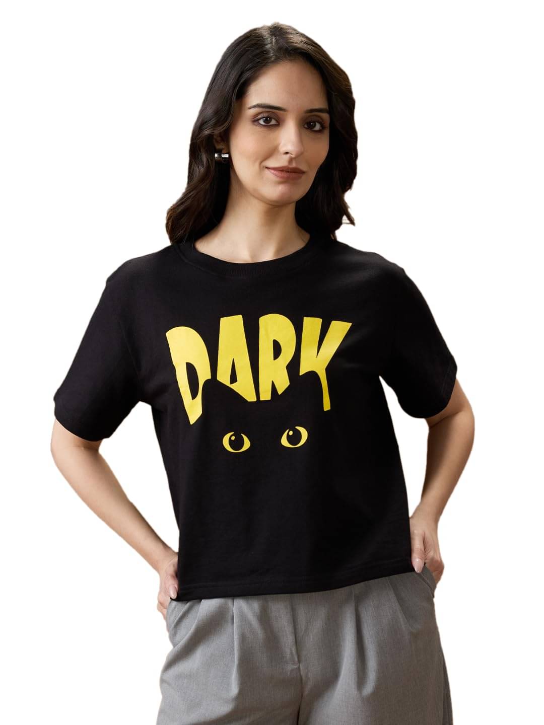 Globus Women Cotton Regular Fit Round Neck T-Shirt ( Black ) Globus Women Cotton Regular Fit Round Neck T-Shirt ( Black )