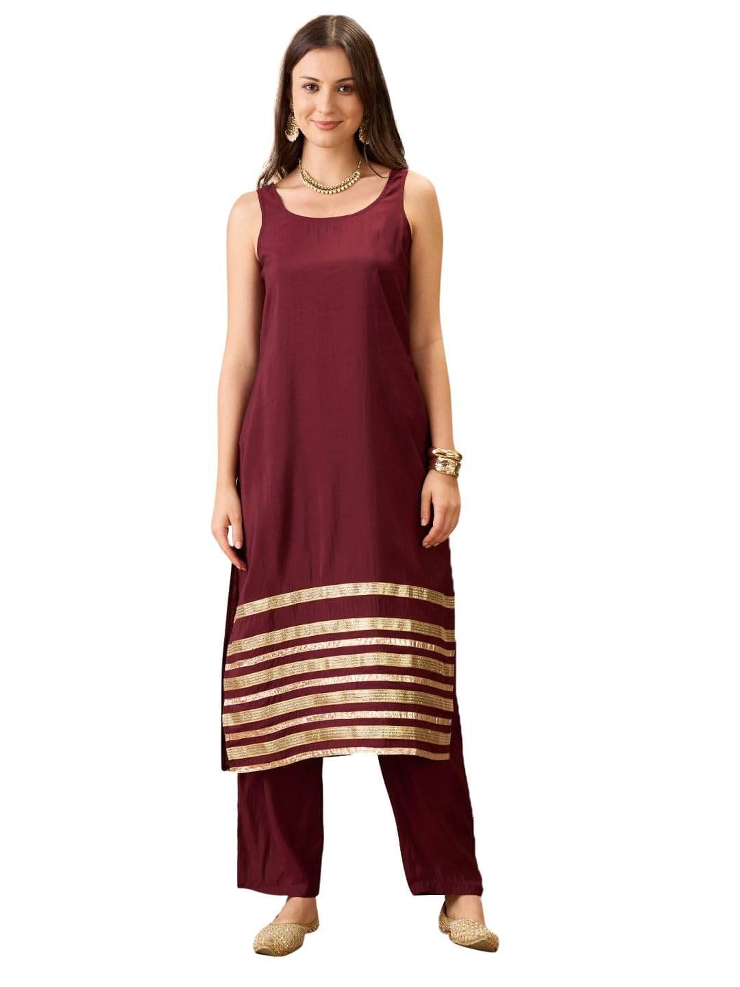     			Globus Women Silk Blend Solid Straight Kurti with Pants ( Brown )