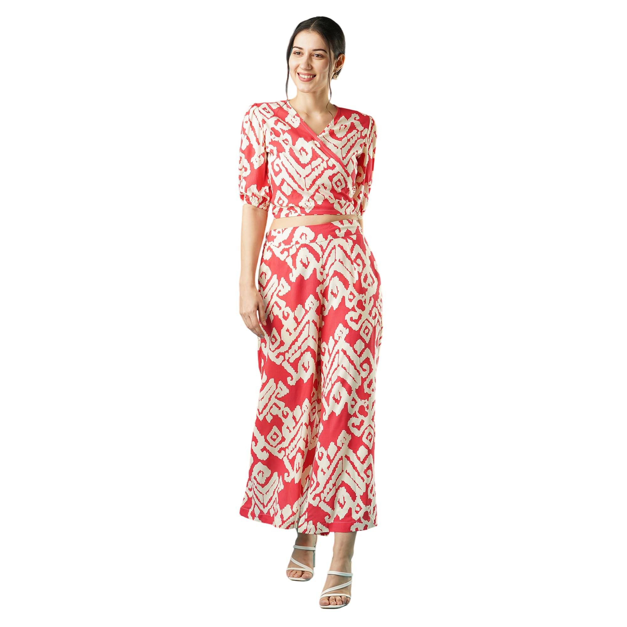     			Globus Women Top With Palazzos Co-Ord Set ( Red )