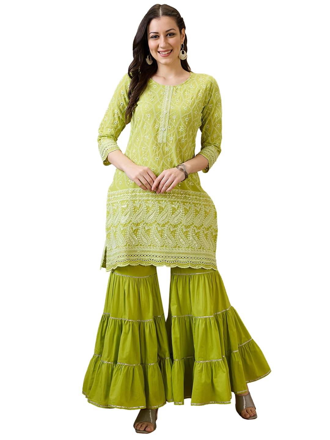 Globus Women Viscose Embroidered Straight Kurti With Sharara And Gharara ( Green ) Globus Women Viscose Embroidered Straight Kurti With Sharara And Gharara ( Green )
