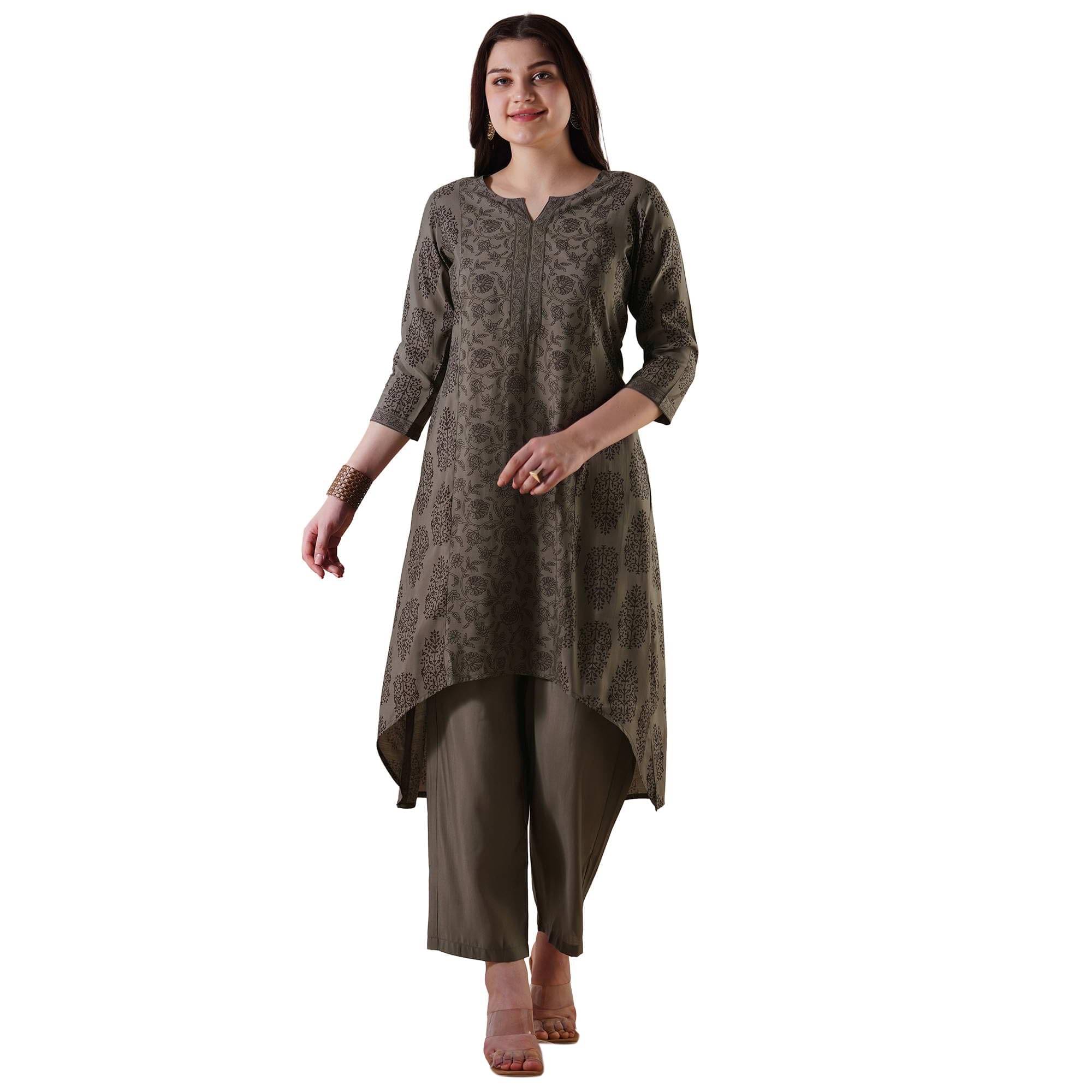     			Globus Women Viscose Printed A-line Kurti with Pants ( Grey )