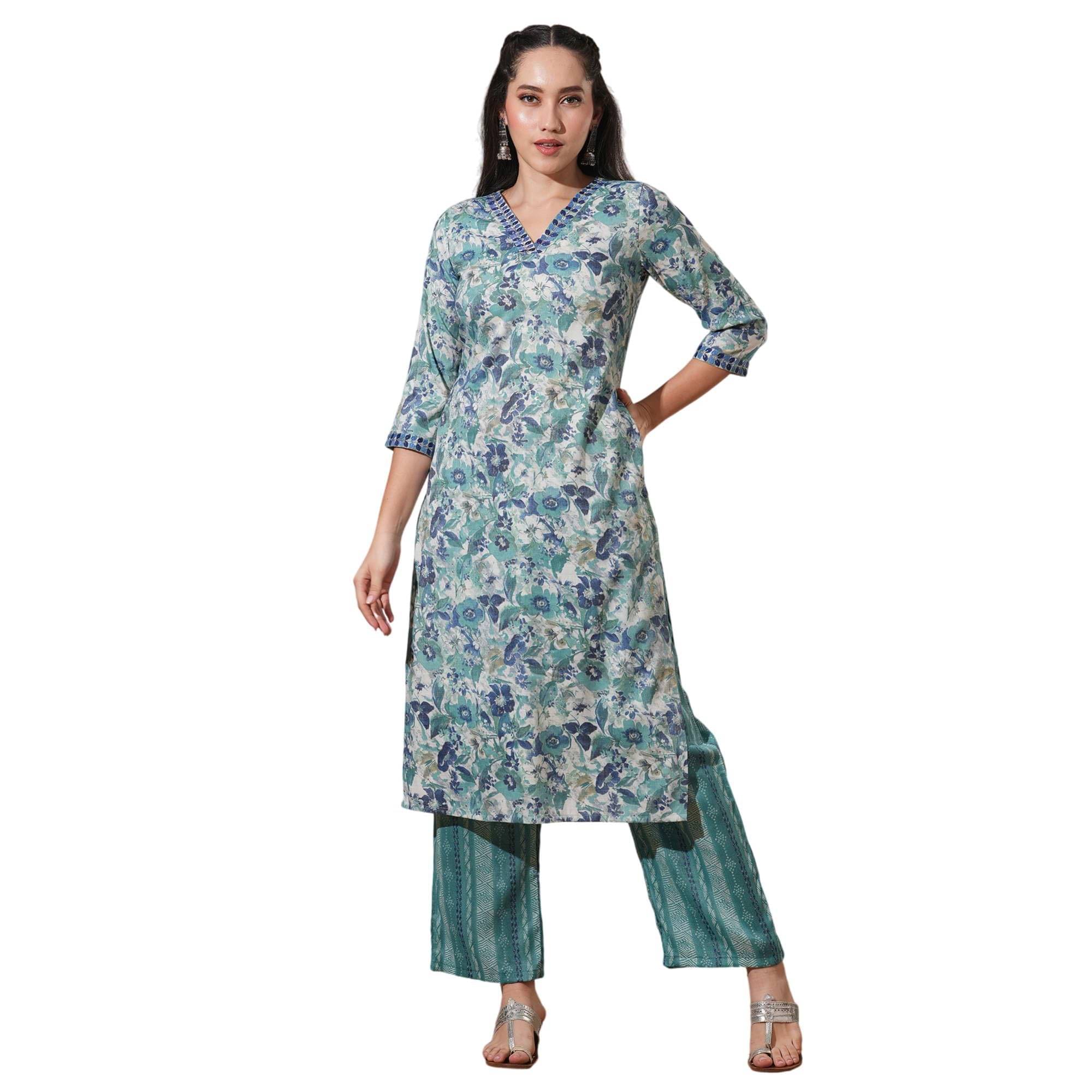 Globus Women Viscose Printed Straight Kurti with Pants ( Green )     			Globus Women Viscose Printed Straight Kurti with Pants ( Green )