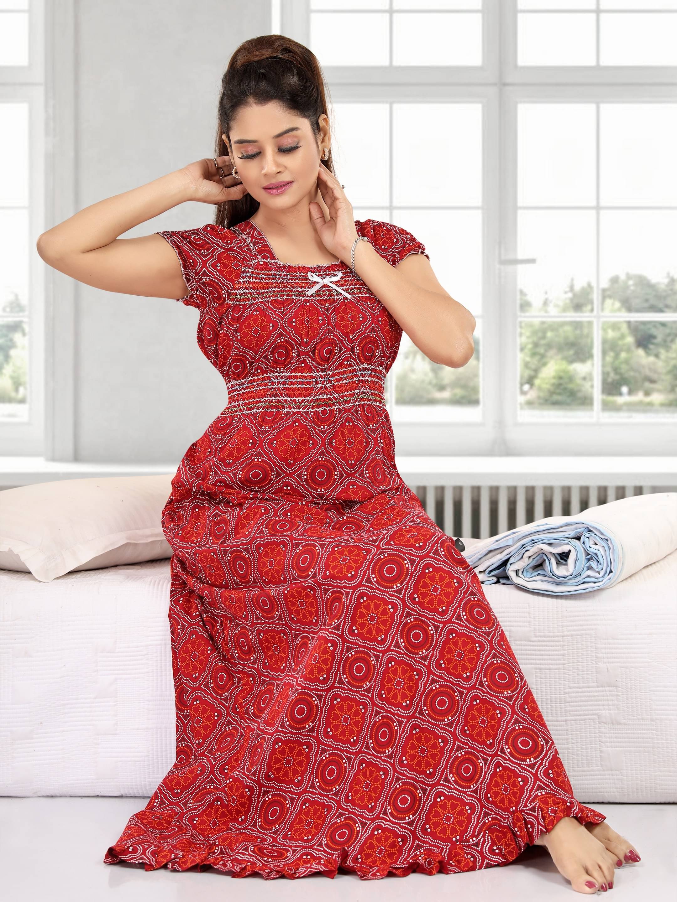     			INNER BEATS Cotton Self Design Women Regular Nighty ( Red )