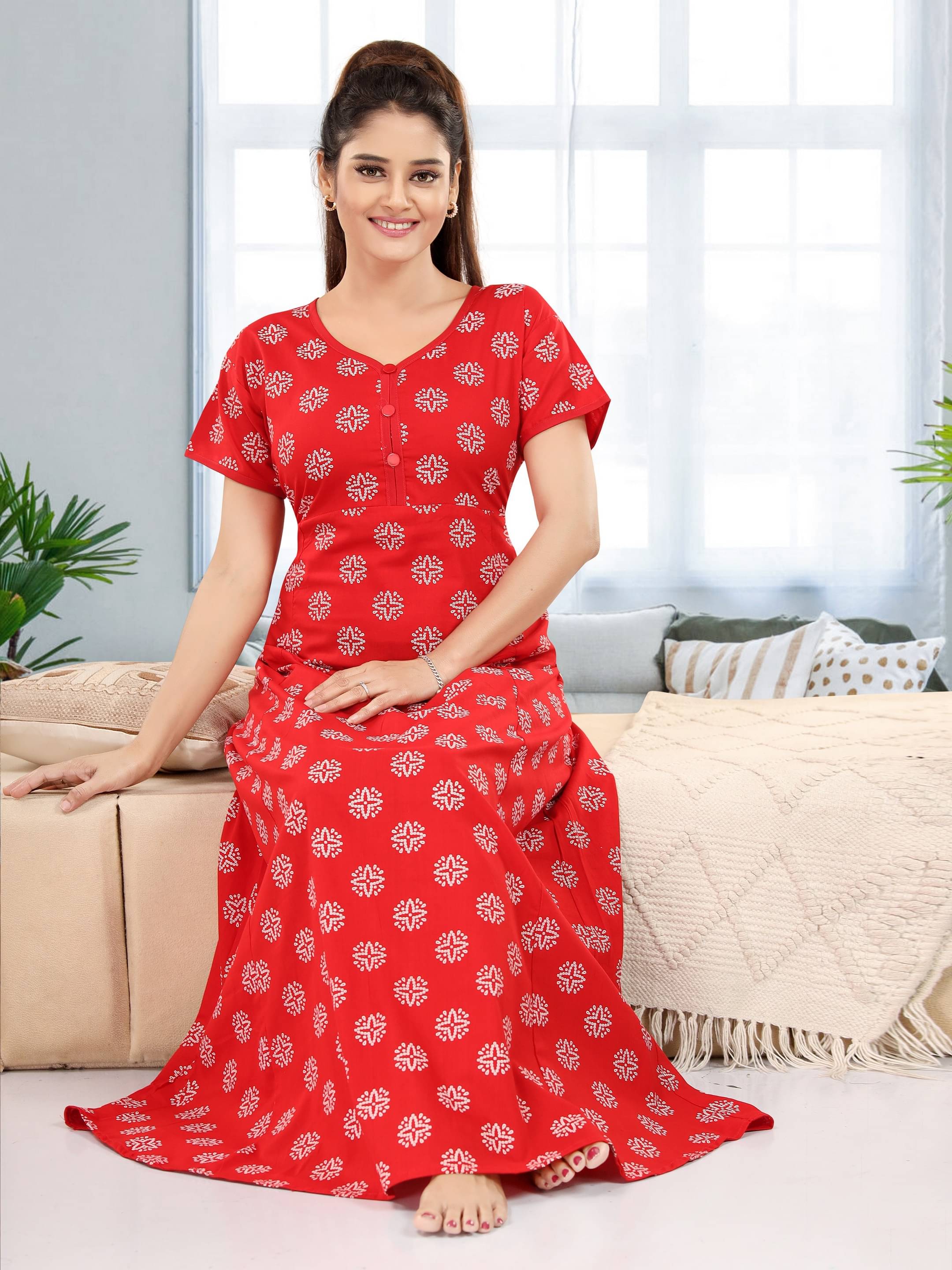     			INNER BEATS Cotton Self Design Women Regular Nighty ( Red )