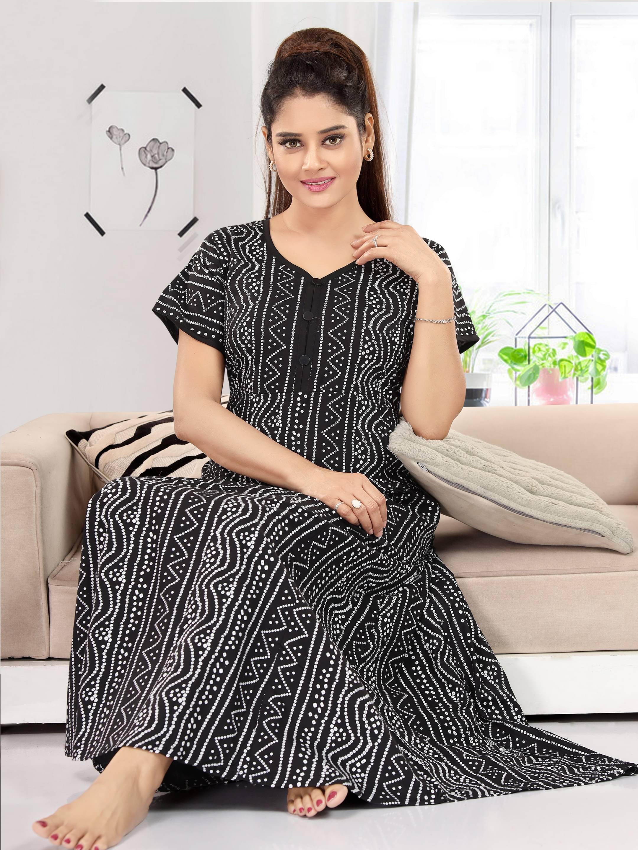 INNER BEATS Cotton Self Design Women Regular Nighty ( Black ) INNER BEATS Cotton Self Design Women Regular Nighty ( Black )