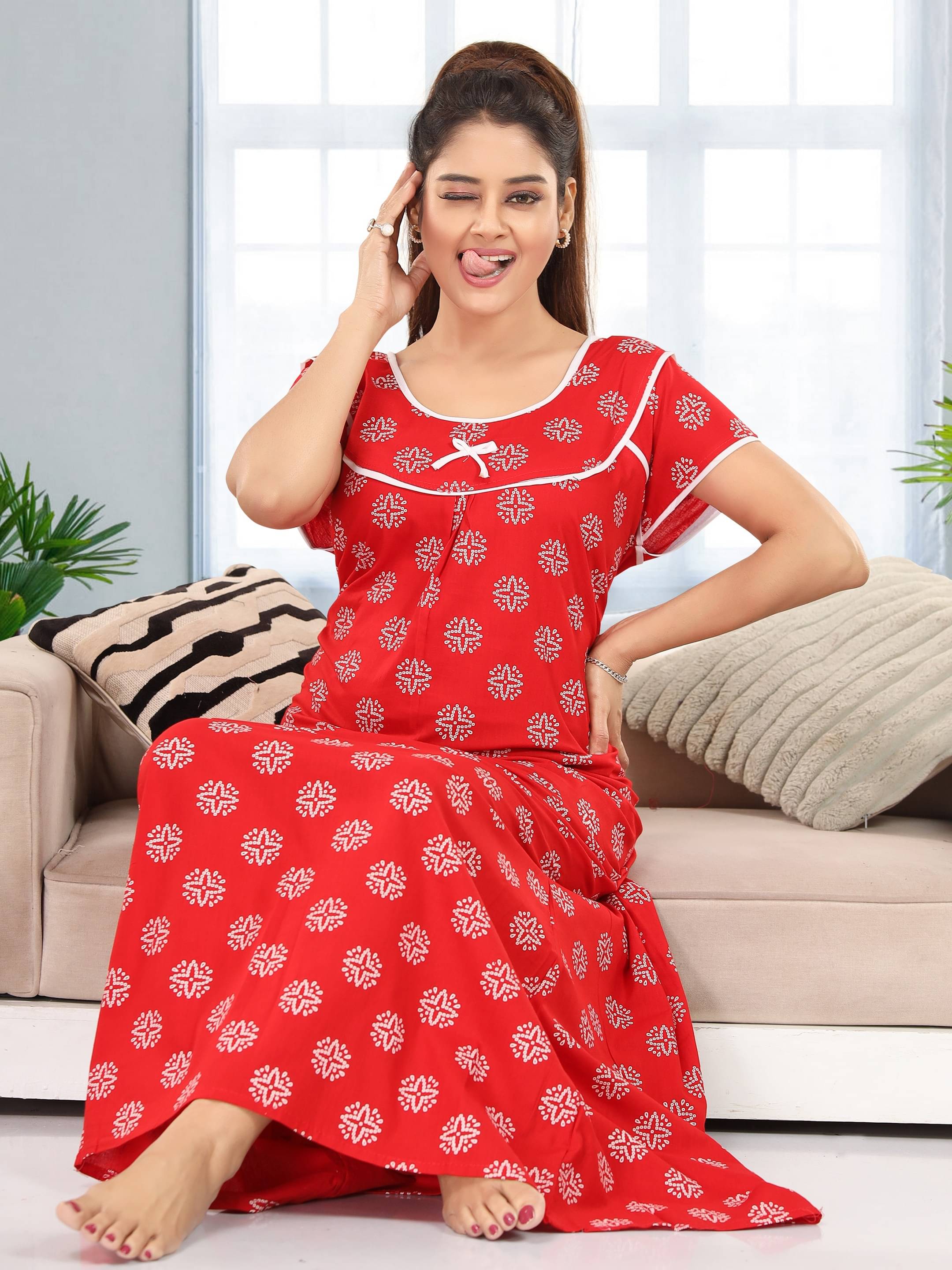     			INNER BEATS Cotton Self Design Women Regular Nighty ( Red )
