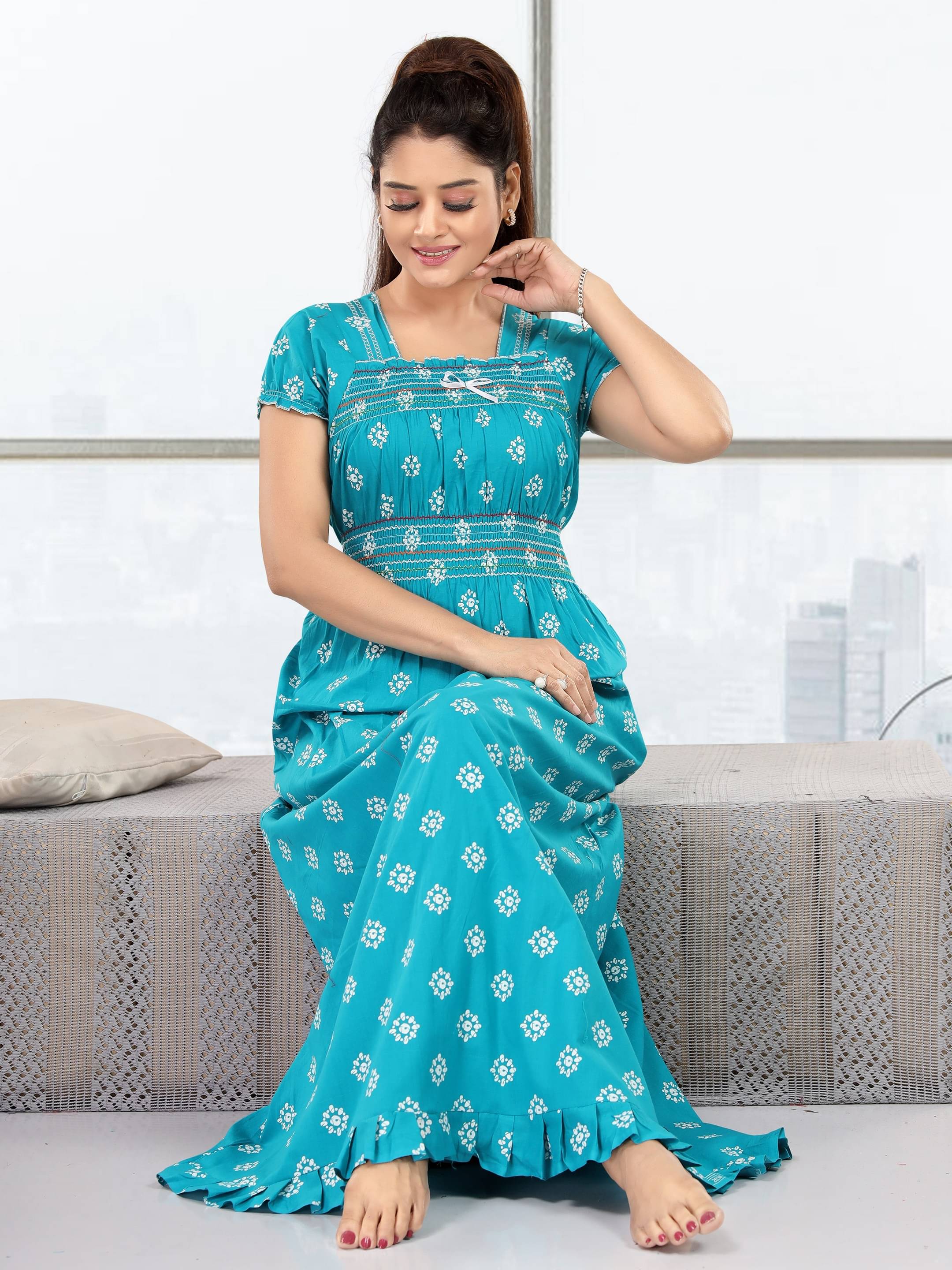     			INNER BEATS Cotton Self Design Women Regular Nighty ( Blue )