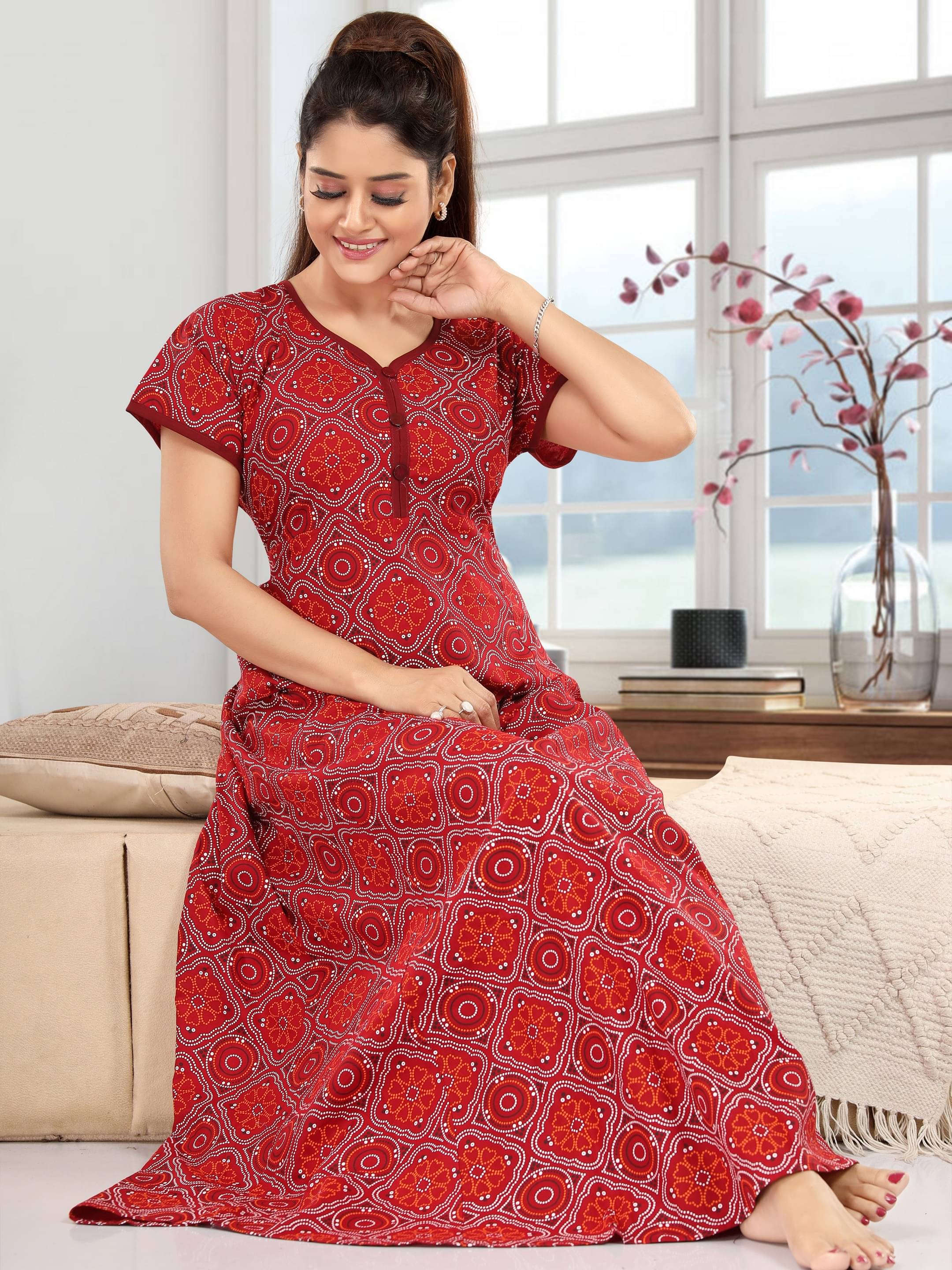     			INNER BEATS Cotton Self Design Women Regular Nighty ( Red )