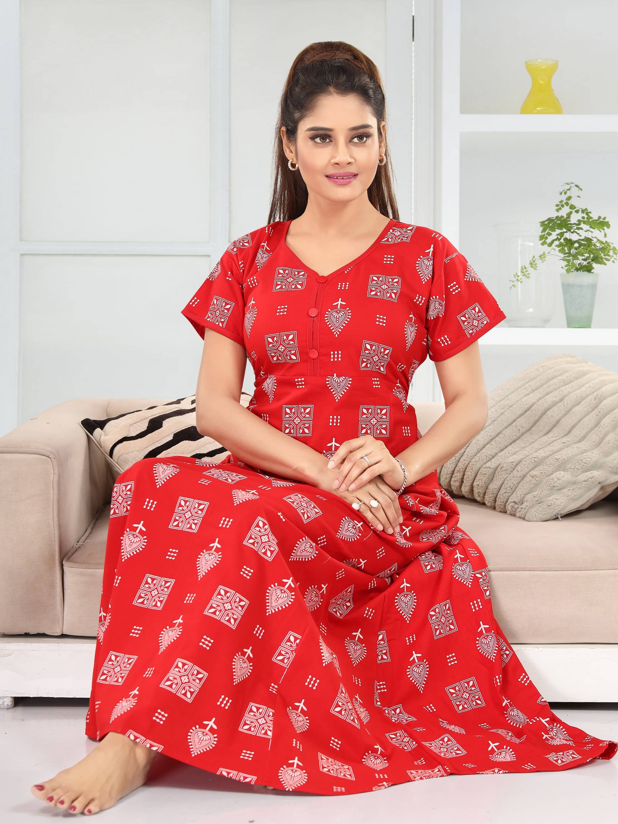     			INNER BEATS Cotton Self Design Women Regular Nighty ( Red )