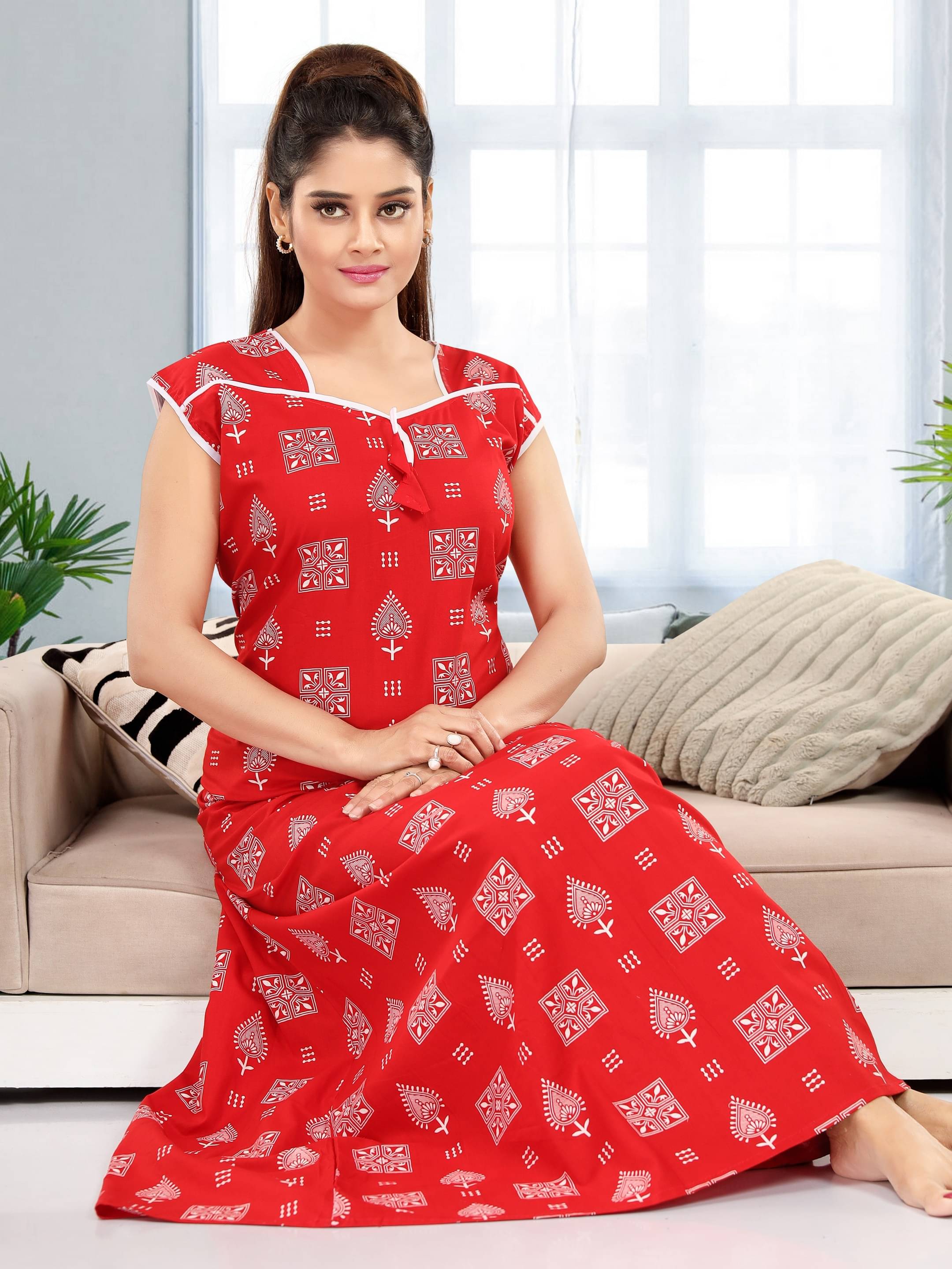     			INNER BEATS Cotton Self Design Women Regular Nighty ( Red )