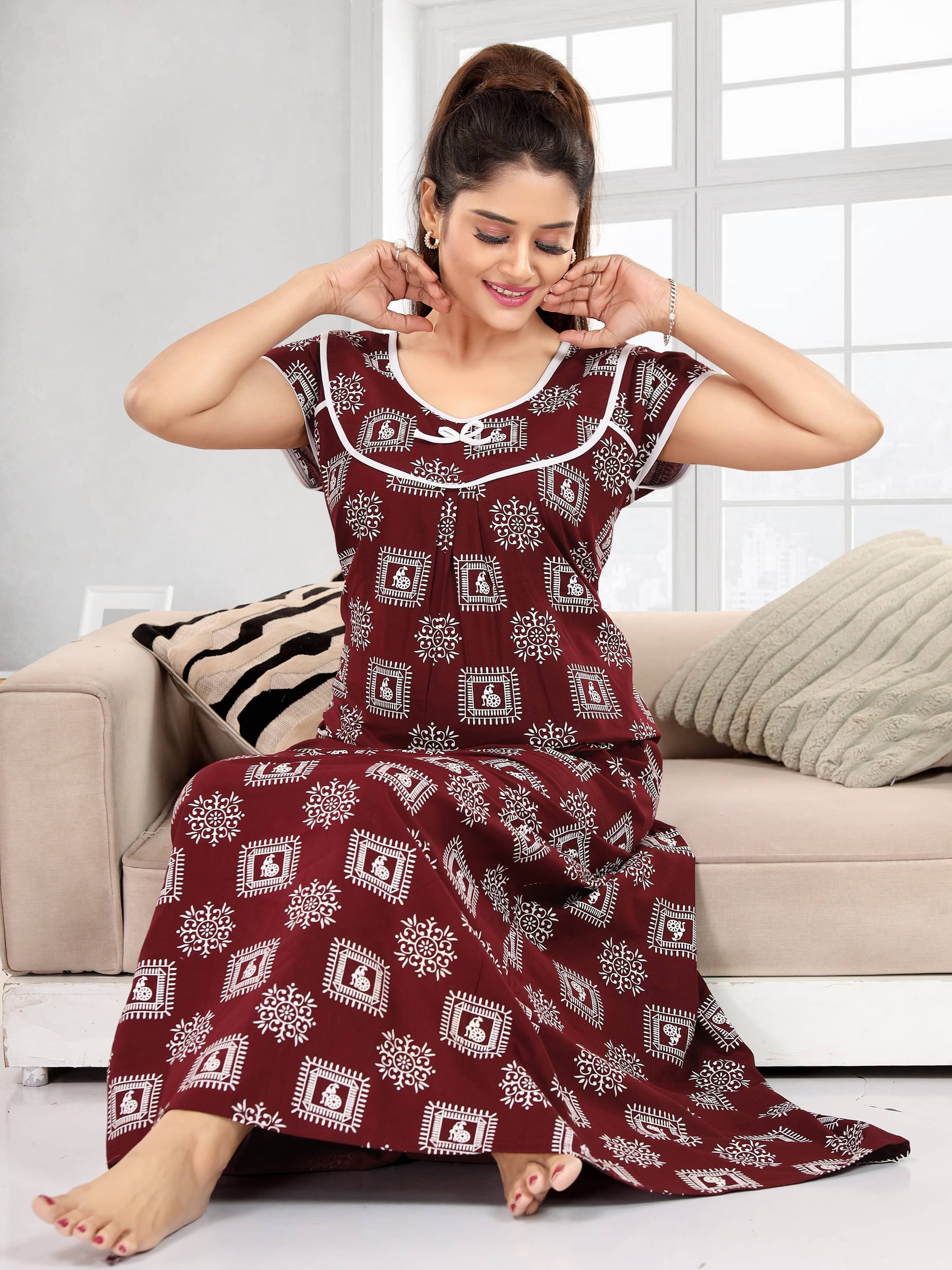     			INNER BEATS Cotton Self Design Women Regular Nighty ( Brown )