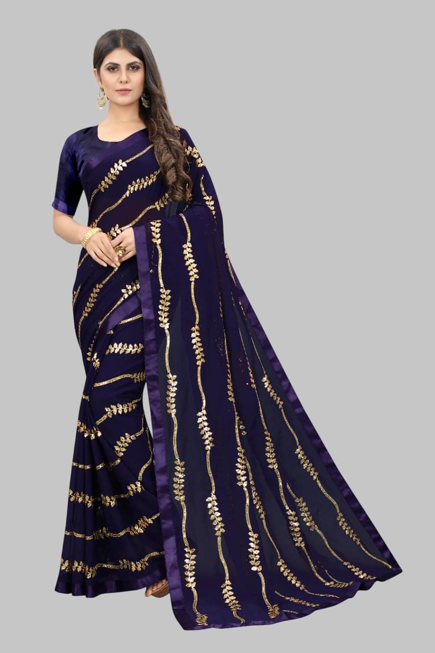     			JULEE Georgette Embroidered Regular Saree With Unstitched Blouse Piece ( Navy Blue )