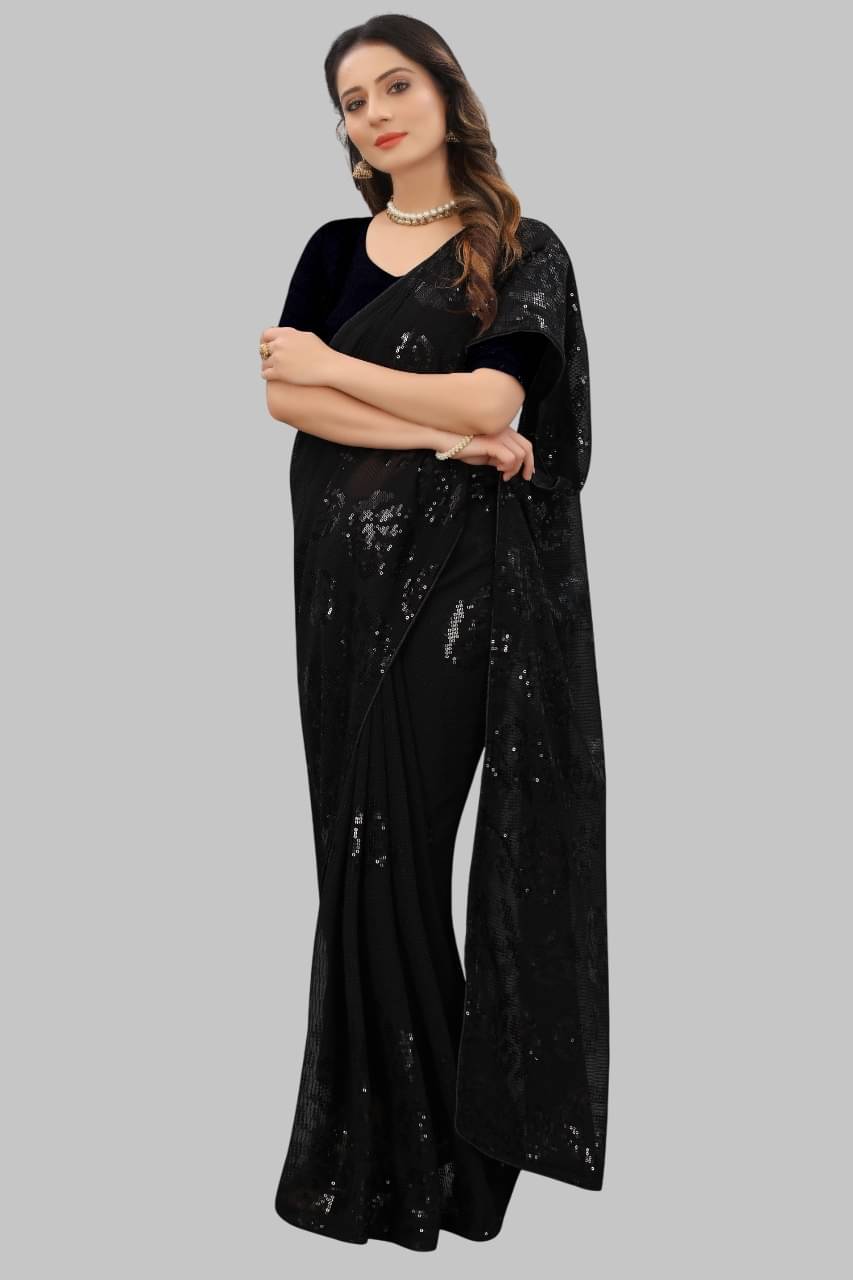     			JULEE Georgette Embroidered Regular Saree With Unstitched Blouse Piece ( Black )