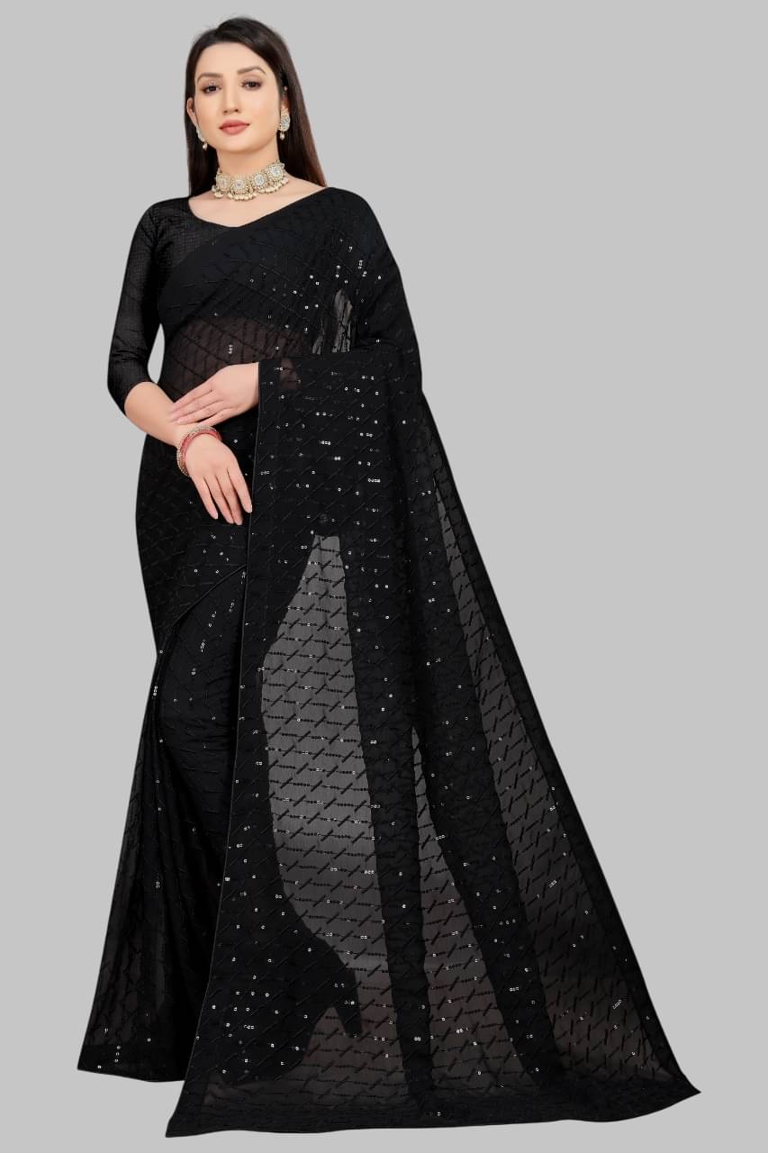 JULEE Georgette Embroidered Regular Saree With Unstitched Blouse Piece ( Black ) JULEE Georgette Embroidered Regular Saree With Unstitched Blouse Piece ( Black )