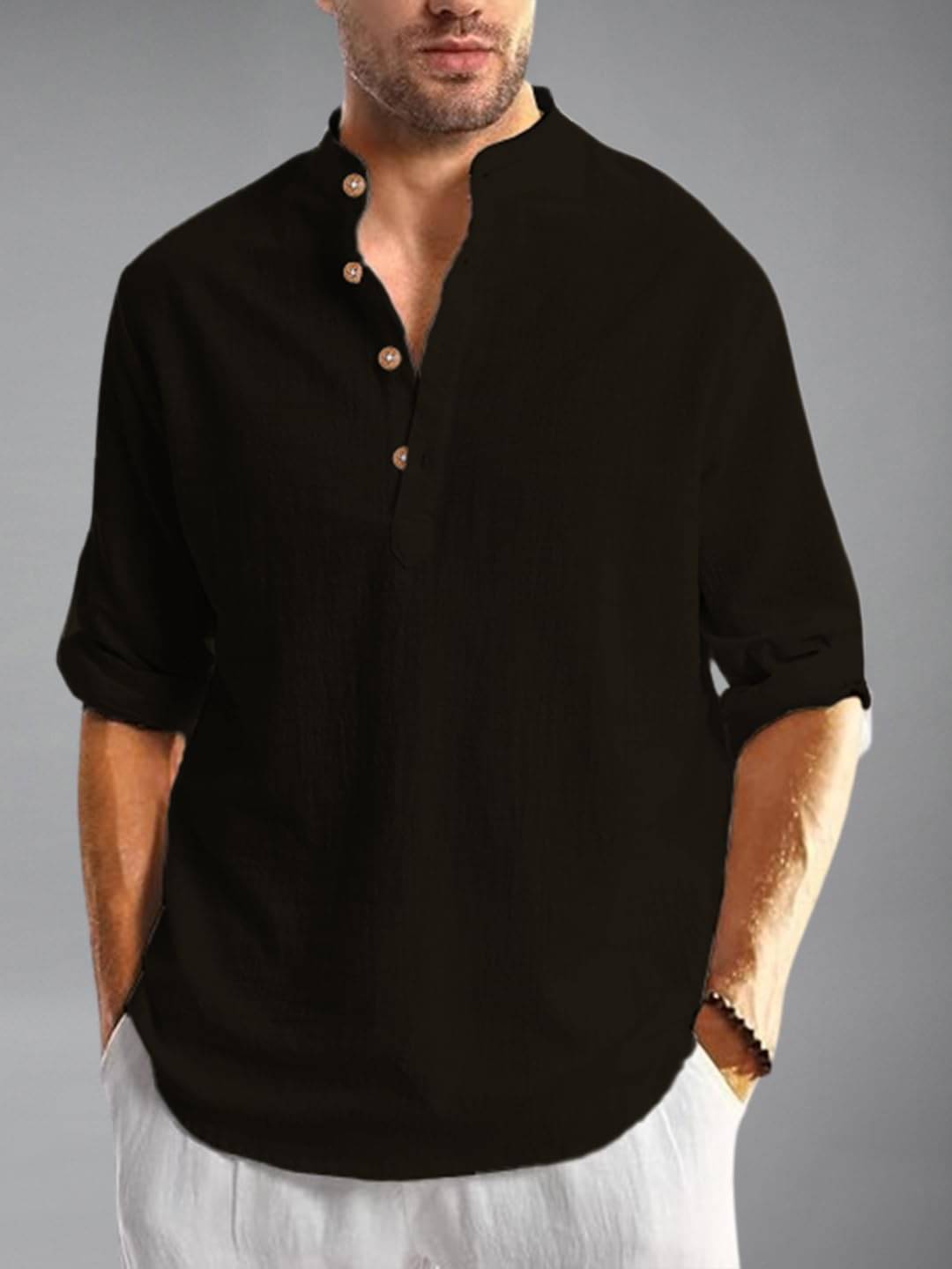     			KNOWTED Black Cotton Blend Men's Shirt Style Kurta ( Pack of 1 )