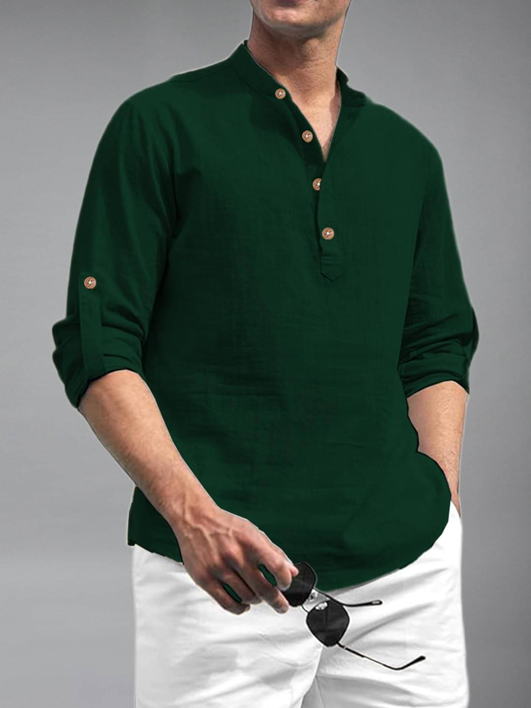    			KNOWTED Green Cotton Blend Men's Shirt Style Kurta ( Pack of 1 )