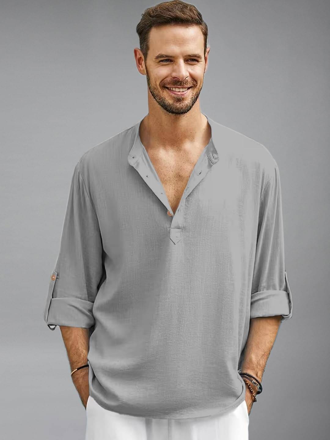     			KNOWTED Grey Cotton Blend Men's Shirt Style Kurta ( Pack of 1 )