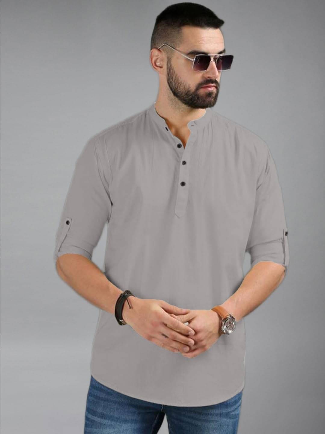     			KNOWTED Grey Cotton Blend Men's Shirt Style Kurta ( Pack of 1 )
