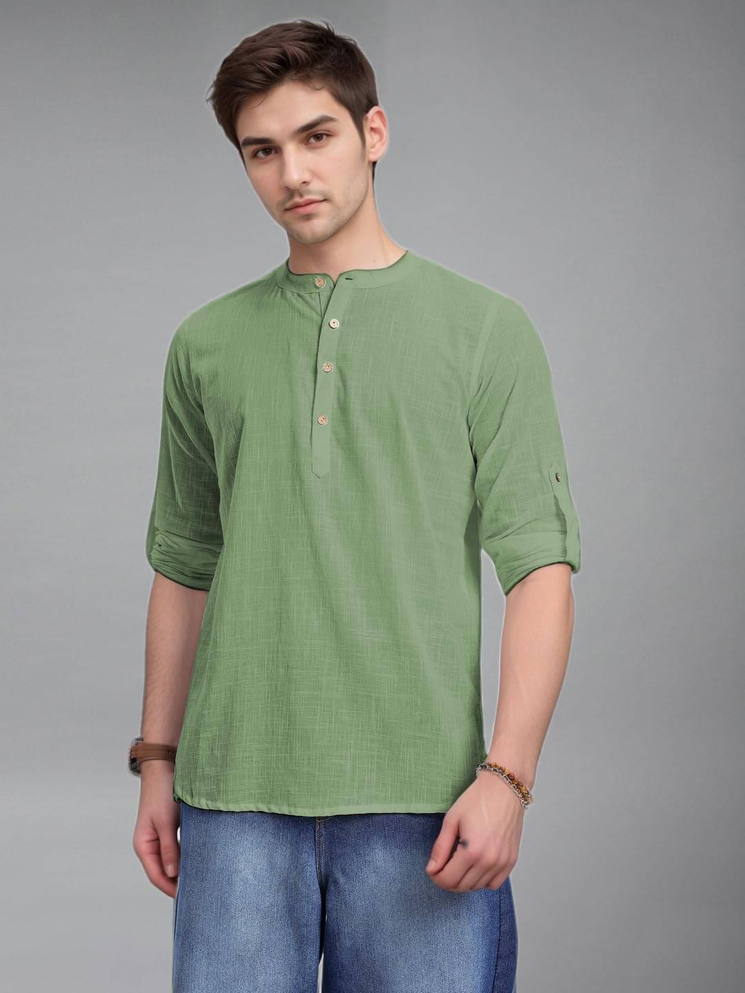     			KNOWTED Light Green Cotton Blend Men's Shirt Style Kurta ( Pack of 1 )