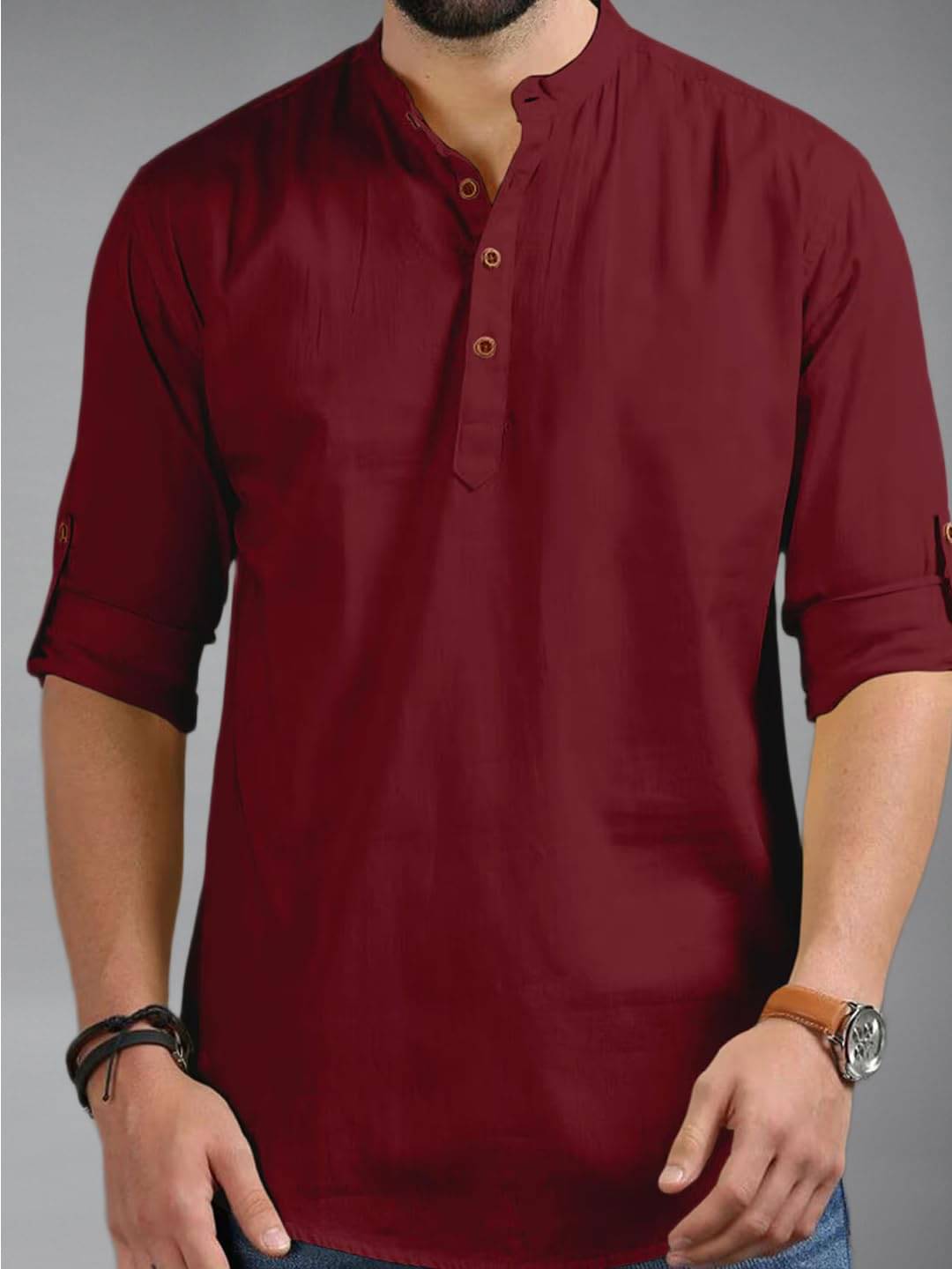     			KNOWTED Maroon Cotton Blend Men's Shirt Style Kurta ( Pack of 1 )