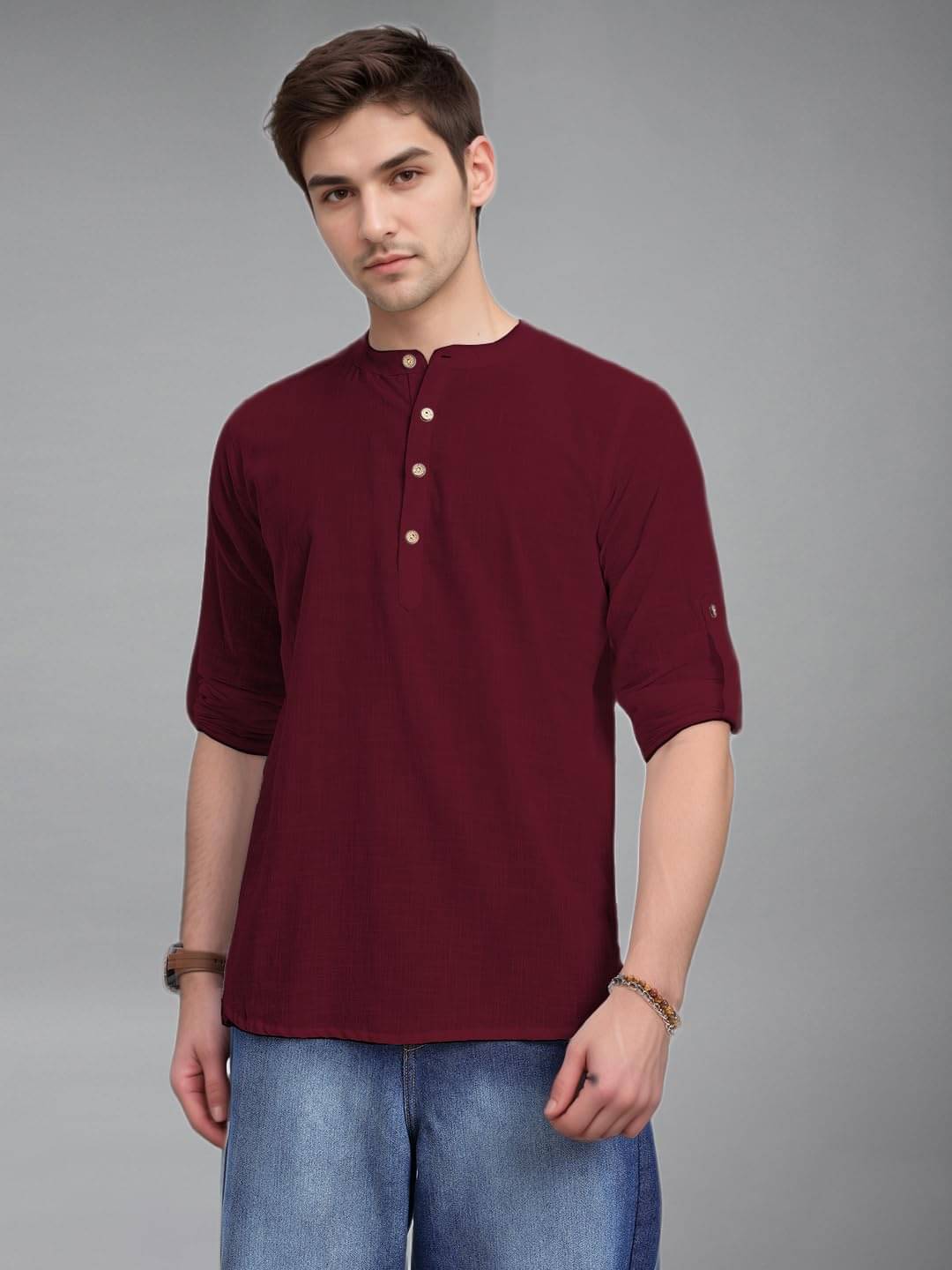     			KNOWTED Maroon Cotton Blend Men's Shirt Style Kurta ( Pack of 1 )