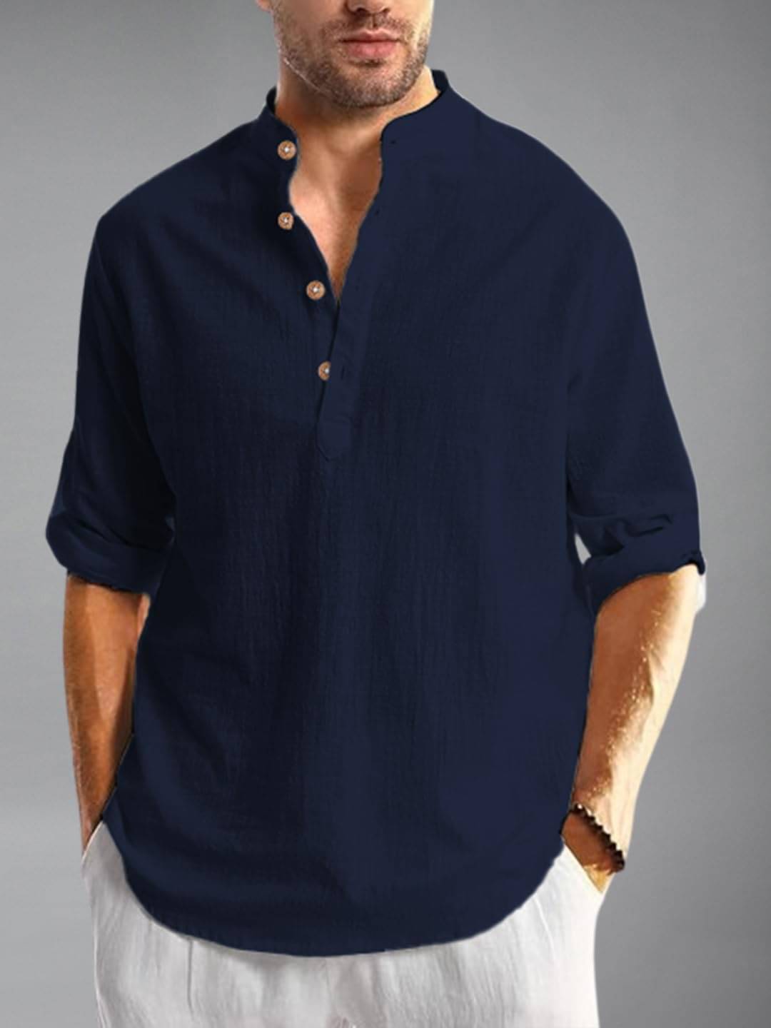     			KNOWTED Navy Blue Cotton Blend Men's Shirt Style Kurta ( Pack of 1 )