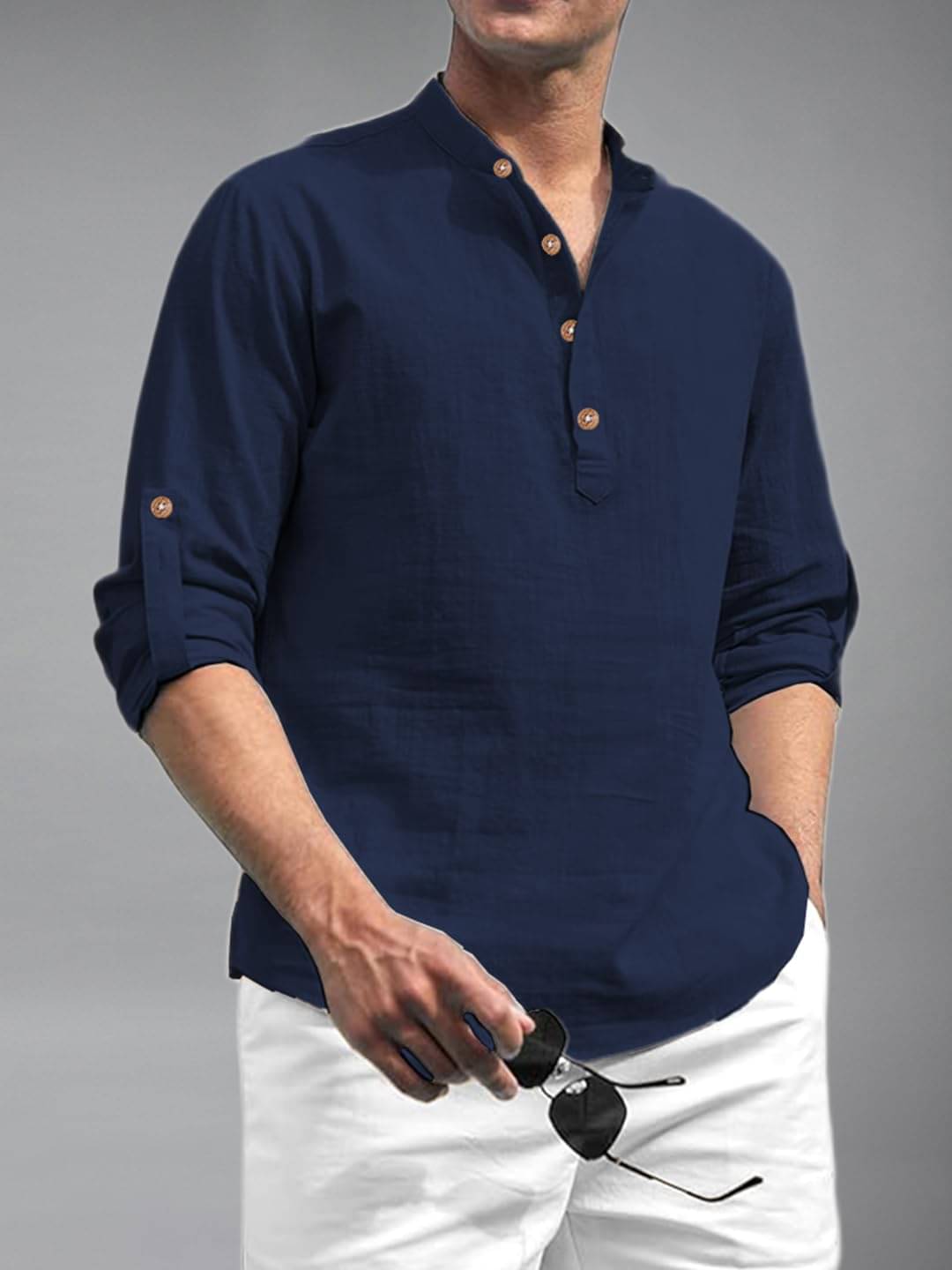 KNOWTED Navy Blue Cotton Blend Men's Shirt Style Kurta ( Pack of 1 ) KNOWTED Navy Blue Cotton Blend Men's Shirt Style Kurta ( Pack of 1 )